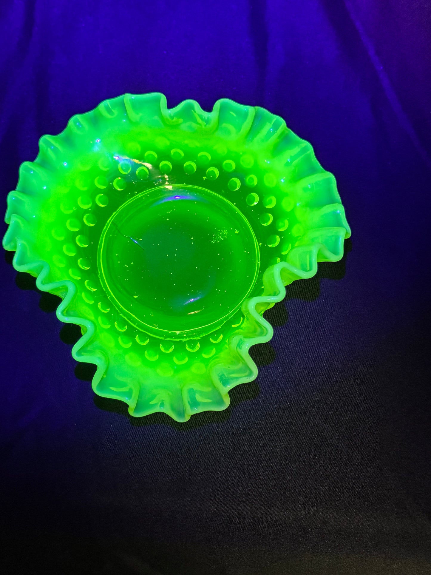 Uranium- Fenton- Hobnail- ruffled small candy dish - Topaz Opalescent