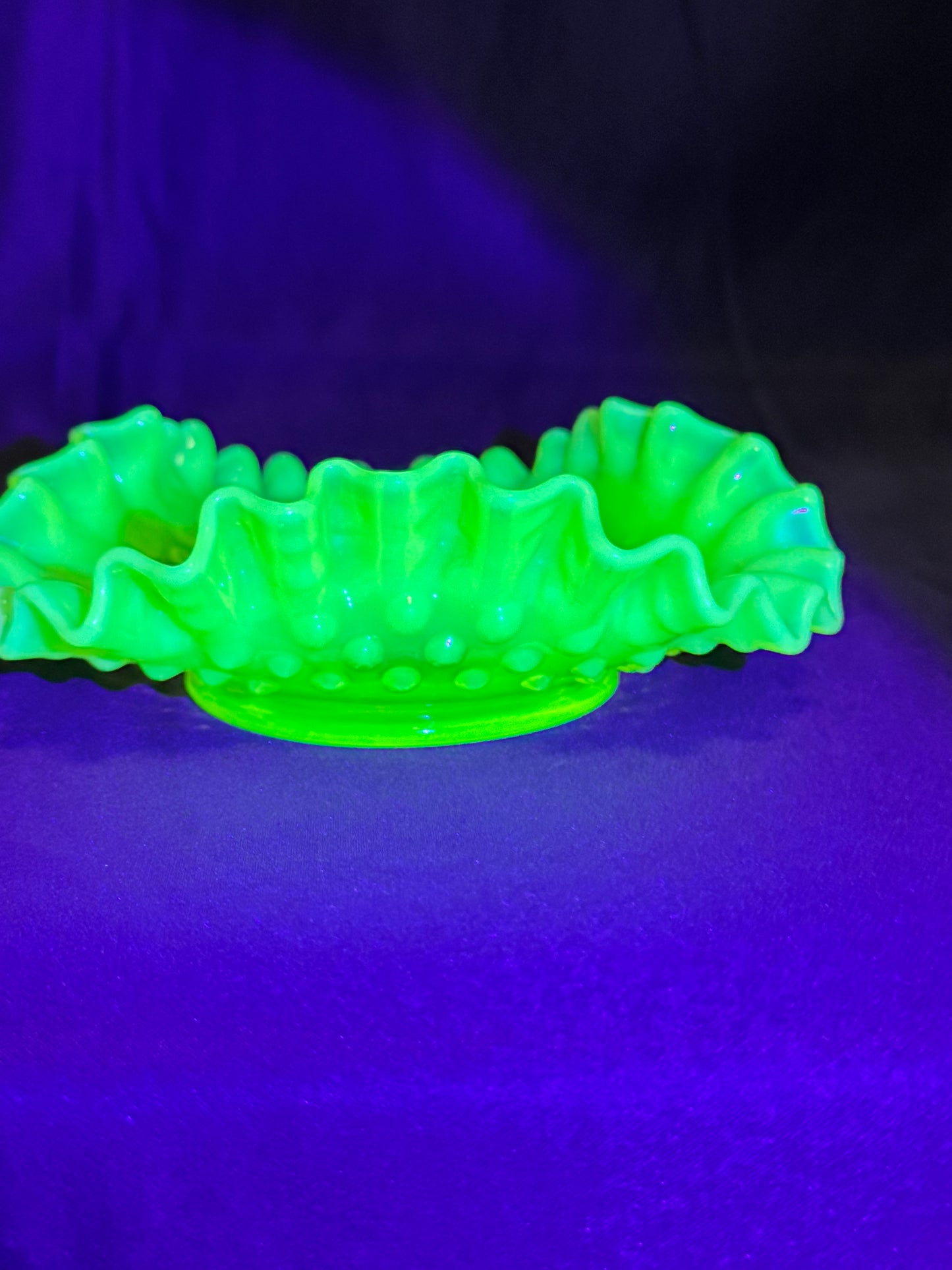 Uranium- Fenton- Hobnail- ruffled small candy dish - Topaz Opalescent
