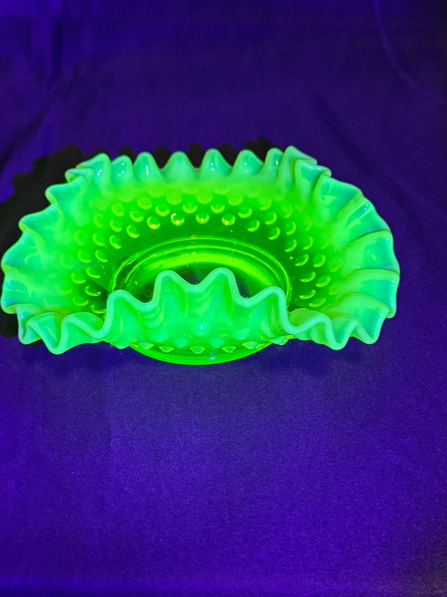 Uranium- Fenton- Hobnail- ruffled small candy dish - Topaz Opalescent