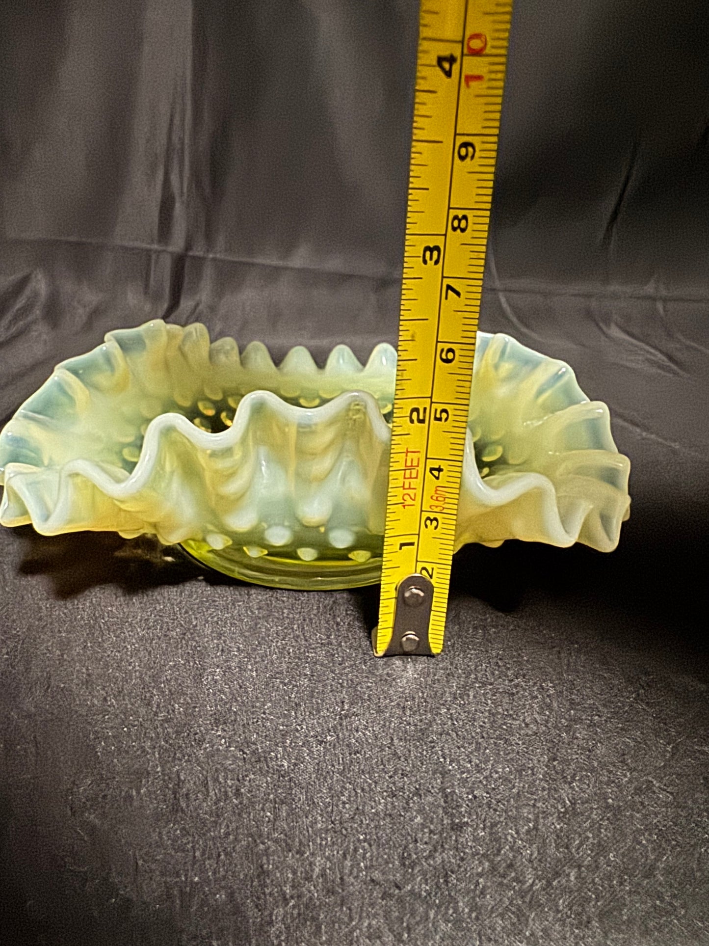 Uranium- Fenton- Hobnail- ruffled small candy dish - Topaz Opalescent