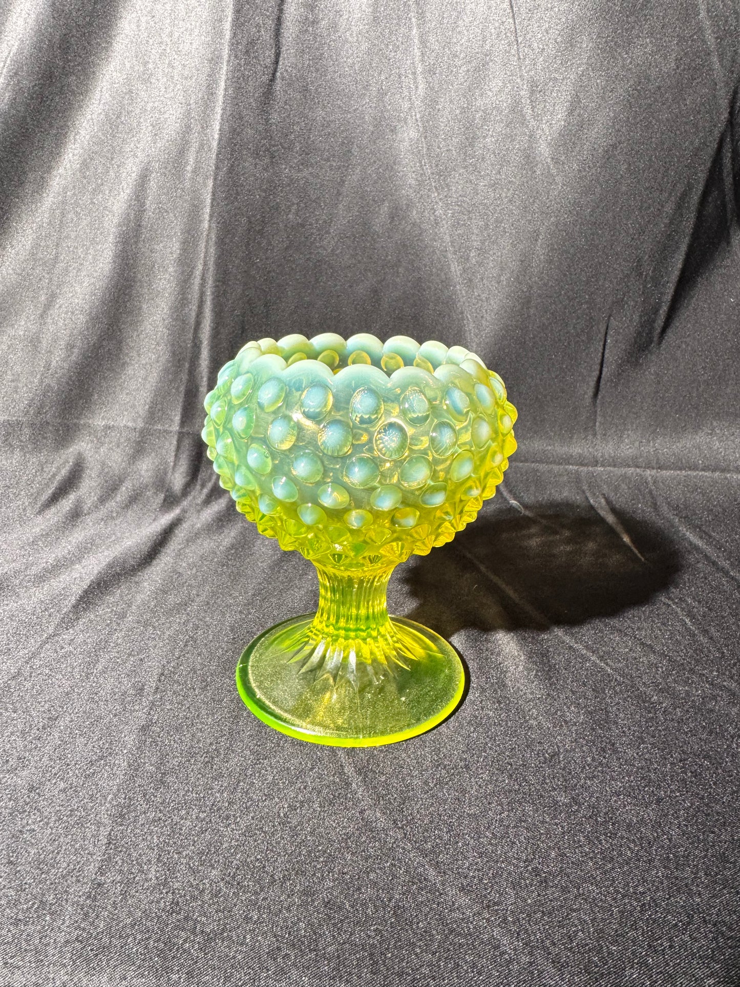 Uranium- Fenton- hobnail- Footed ball shaped Vase - topaz opalescent