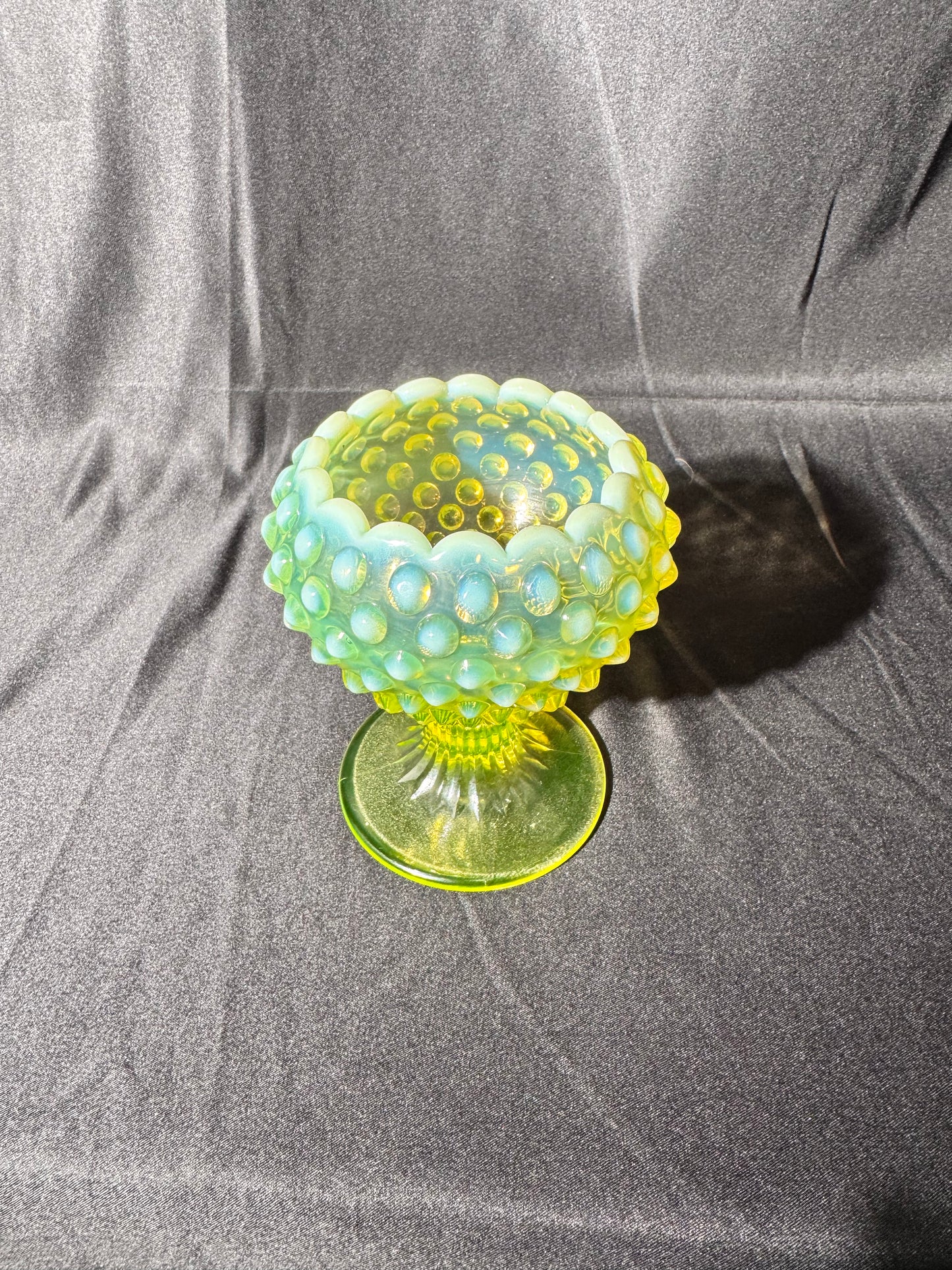 Uranium- Fenton- hobnail- Footed ball shaped Vase - topaz opalescent