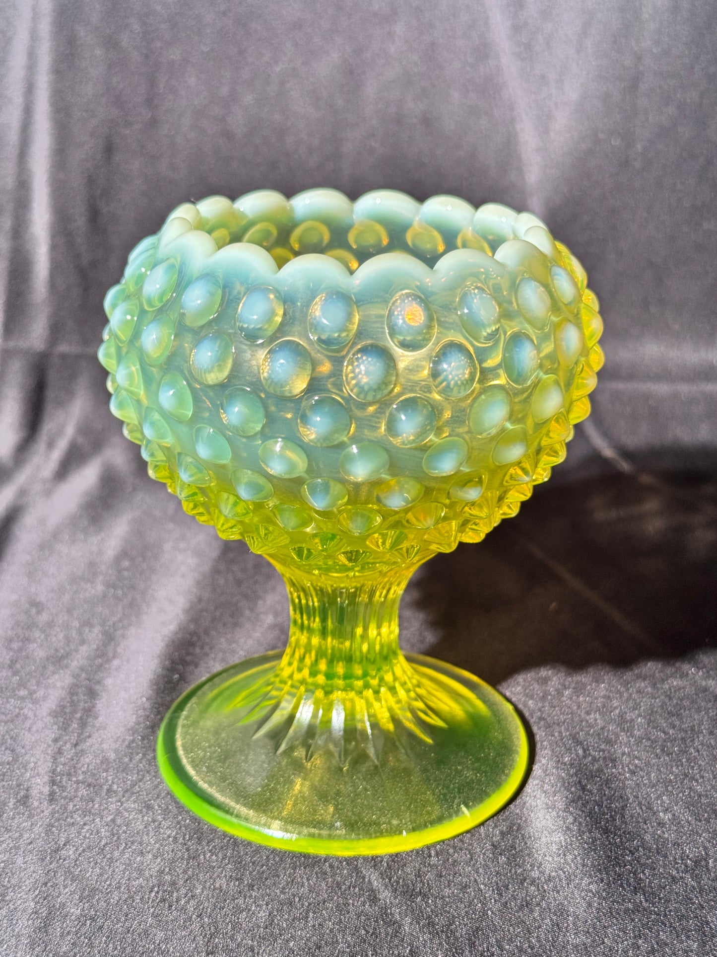 Uranium- Fenton- hobnail- Footed ball shaped Vase - topaz opalescent