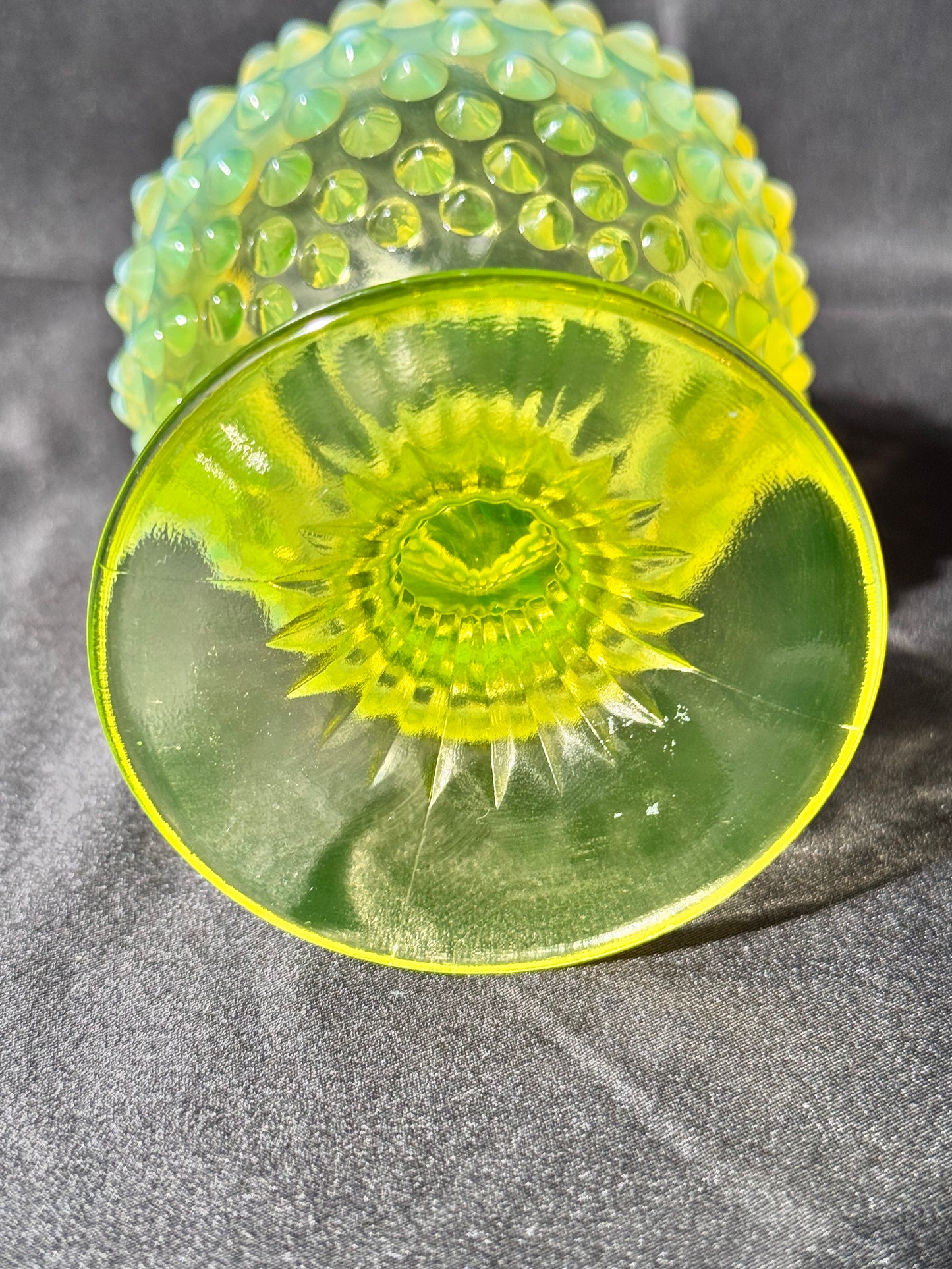 Uranium- Fenton- hobnail- Footed ball shaped Vase - topaz opalescent