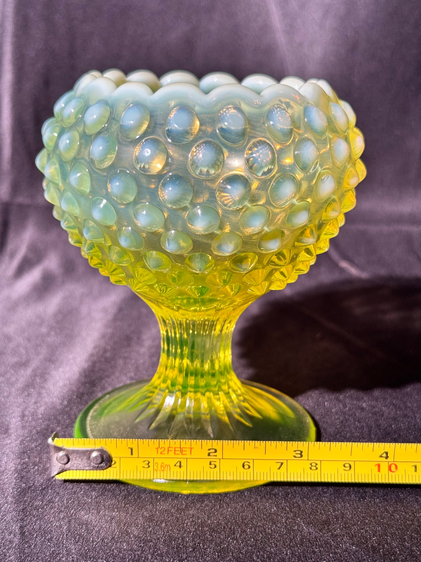 Uranium- Fenton- hobnail- Footed ball shaped Vase - topaz opalescent