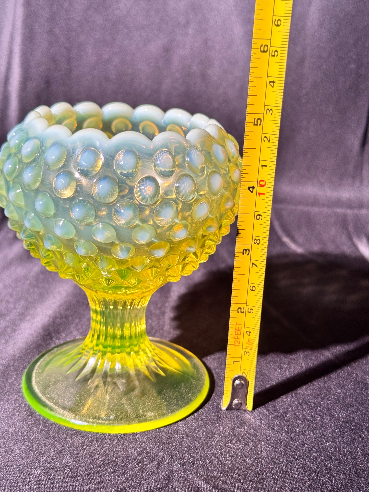 Uranium- Fenton- hobnail- Footed ball shaped Vase - topaz opalescent