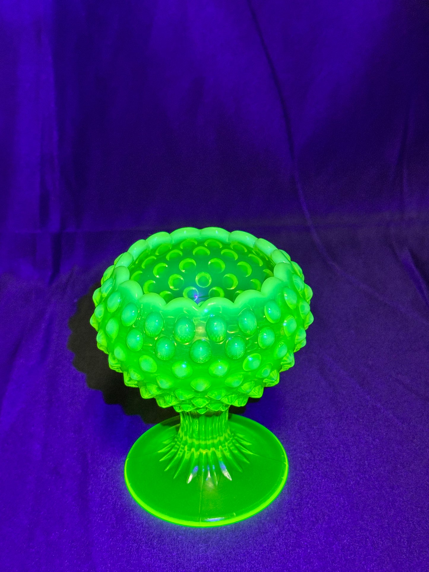 Uranium- Fenton- hobnail- Footed ball shaped Vase - topaz opalescent