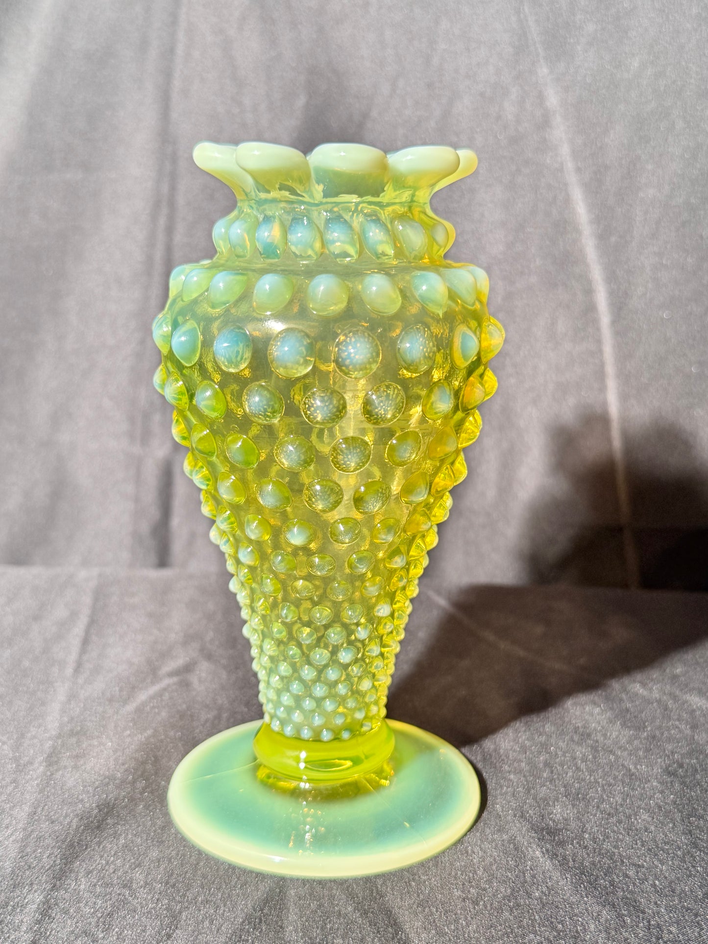 Uranium- Fenton- hobnail- 6” Flower Vase - topaz opalescent