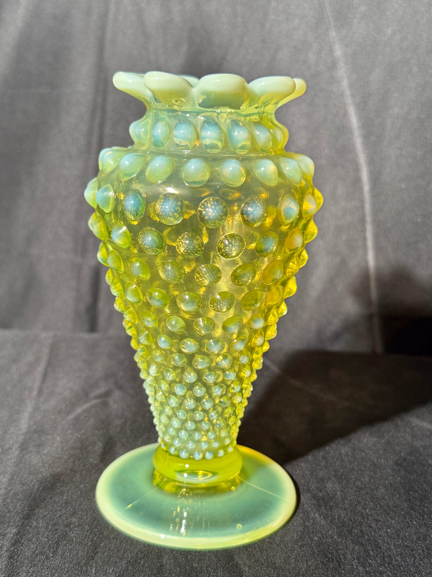 Uranium- Fenton- hobnail- 6” Flower Vase - topaz opalescent