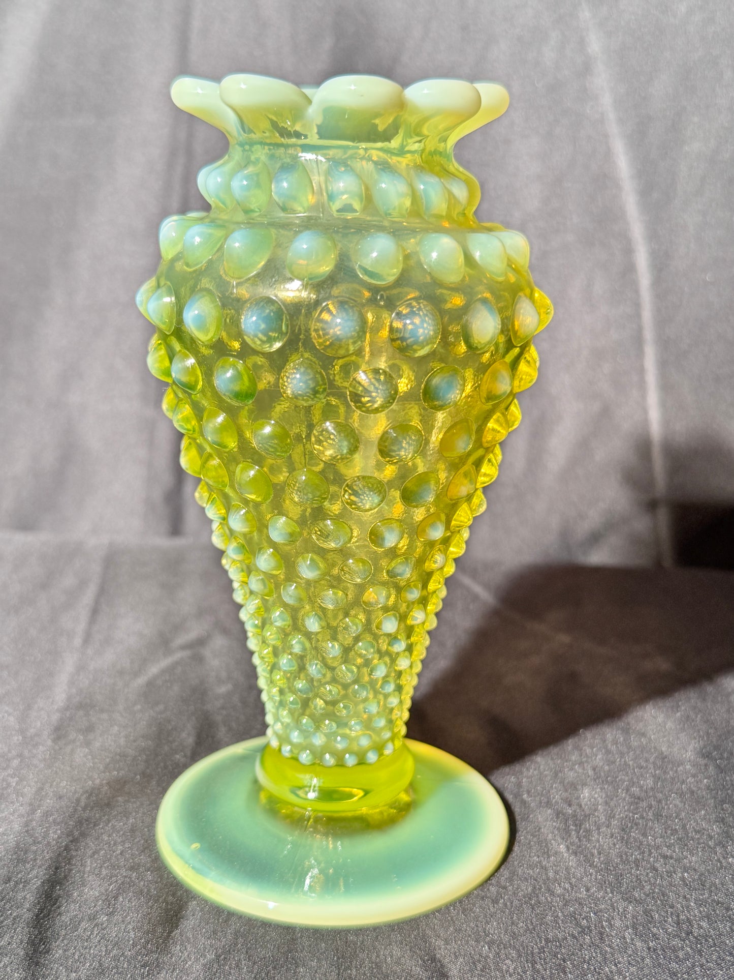 Uranium- Fenton- hobnail- 6” Flower Vase - topaz opalescent