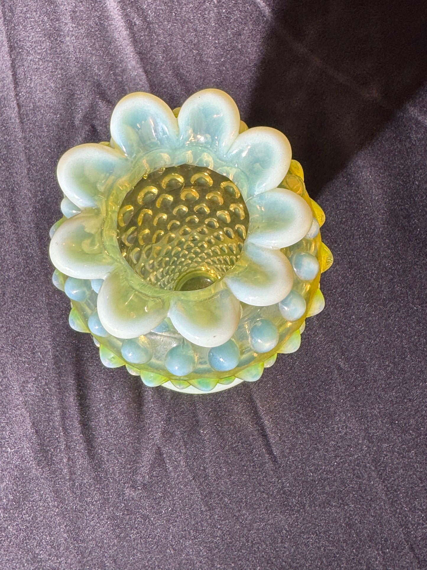 Uranium- Fenton- hobnail- 6” Flower Vase - topaz opalescent