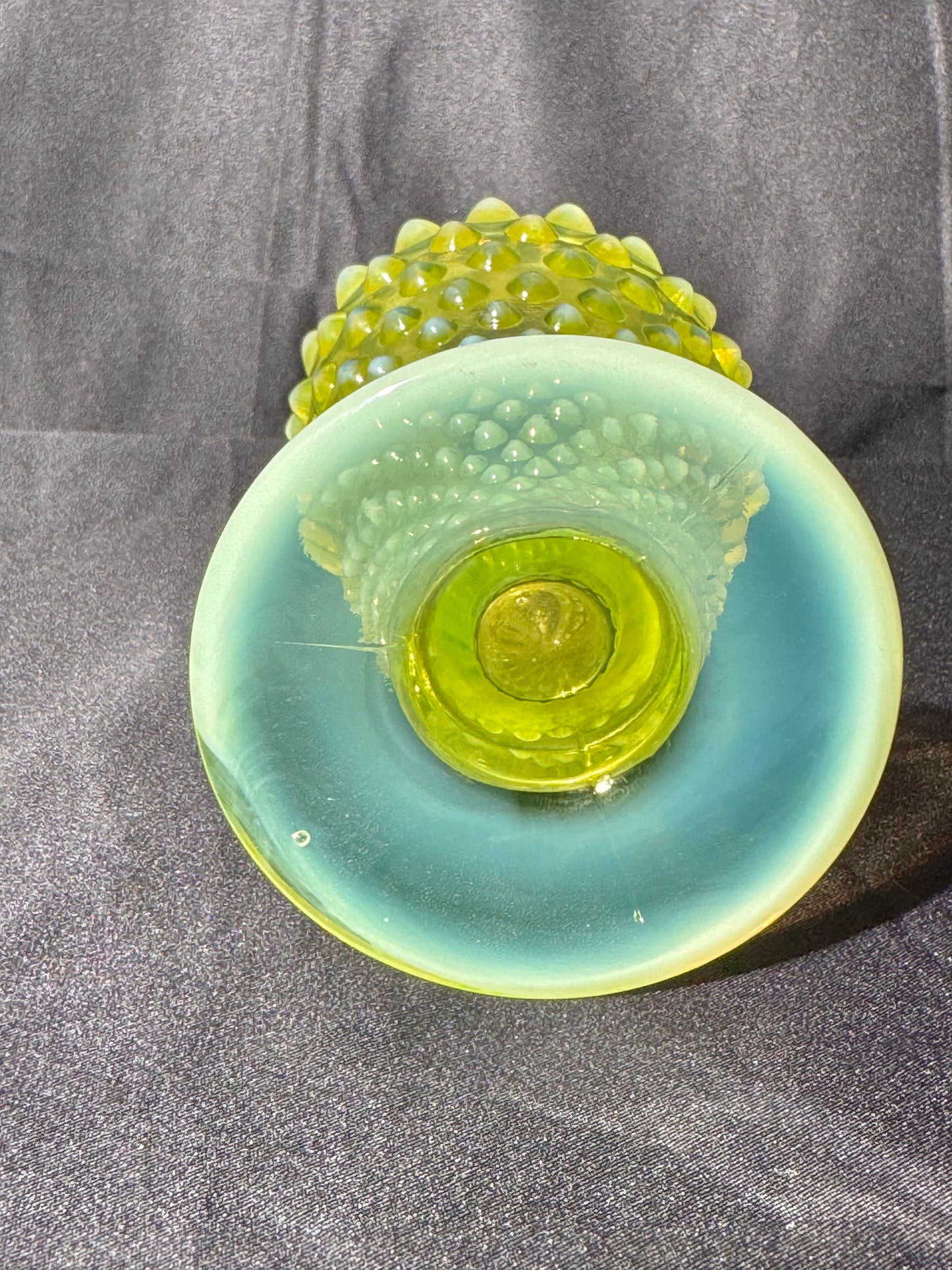 Uranium- Fenton- hobnail- 6” Flower Vase - topaz opalescent