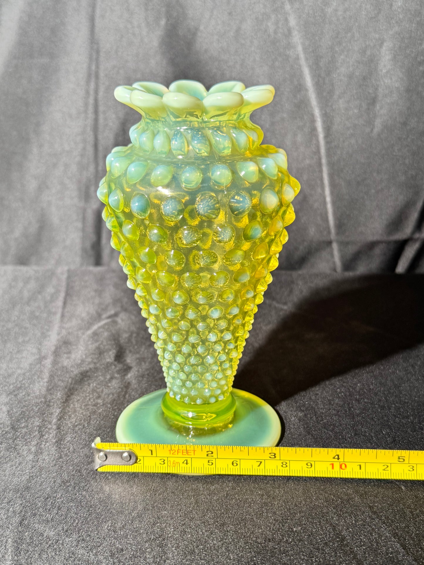 Uranium- Fenton- hobnail- 6” Flower Vase - topaz opalescent