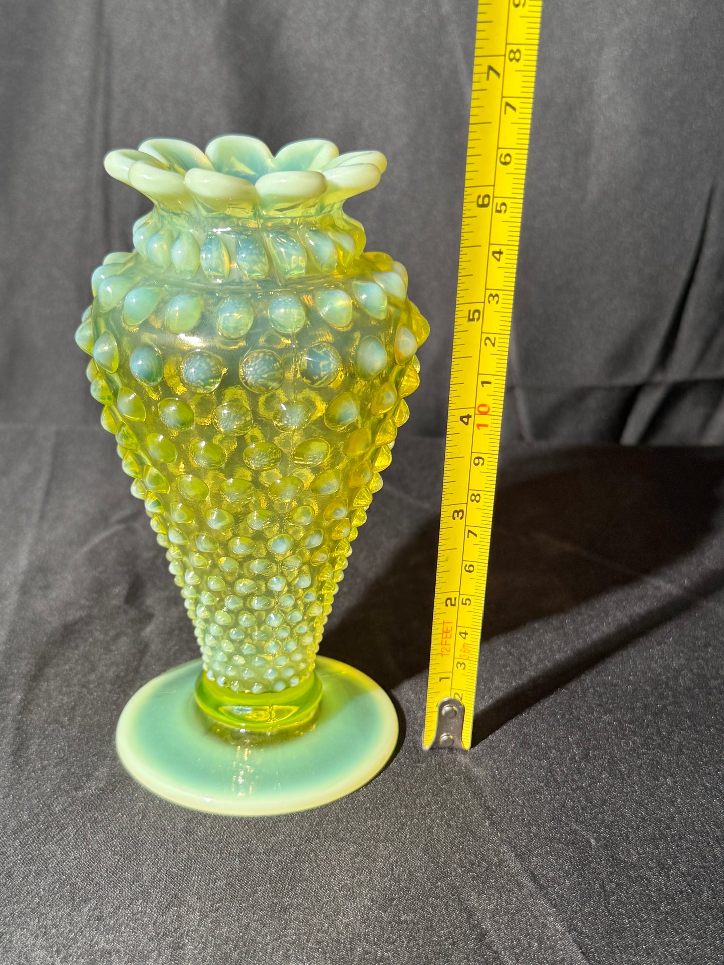 Uranium- Fenton- hobnail- 6” Flower Vase - topaz opalescent