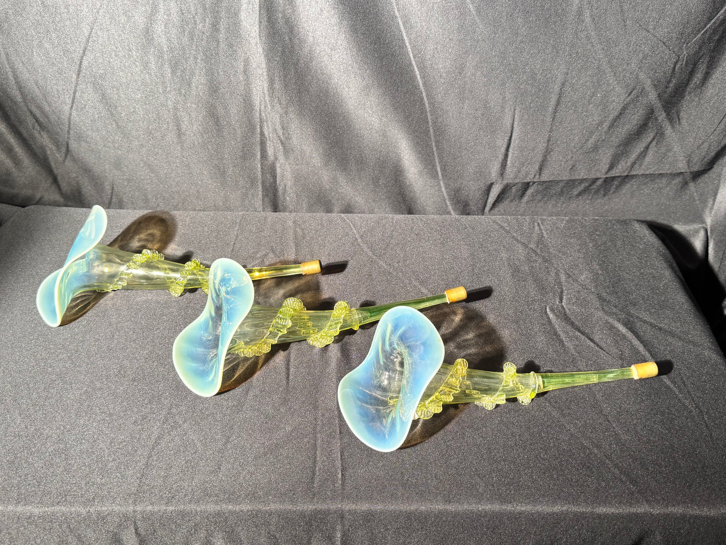 Uranium-Victorian Epergne Tulip horns - set of 4 - Vaseline opalescent