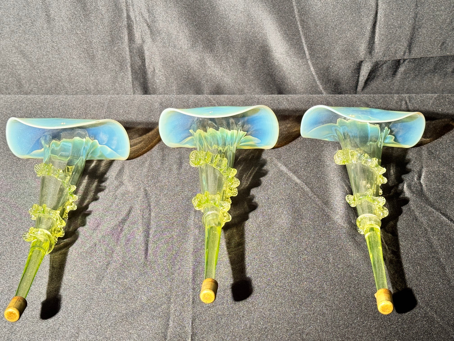 Uranium-Victorian Epergne Tulip horns - set of 4 - Vaseline opalescent