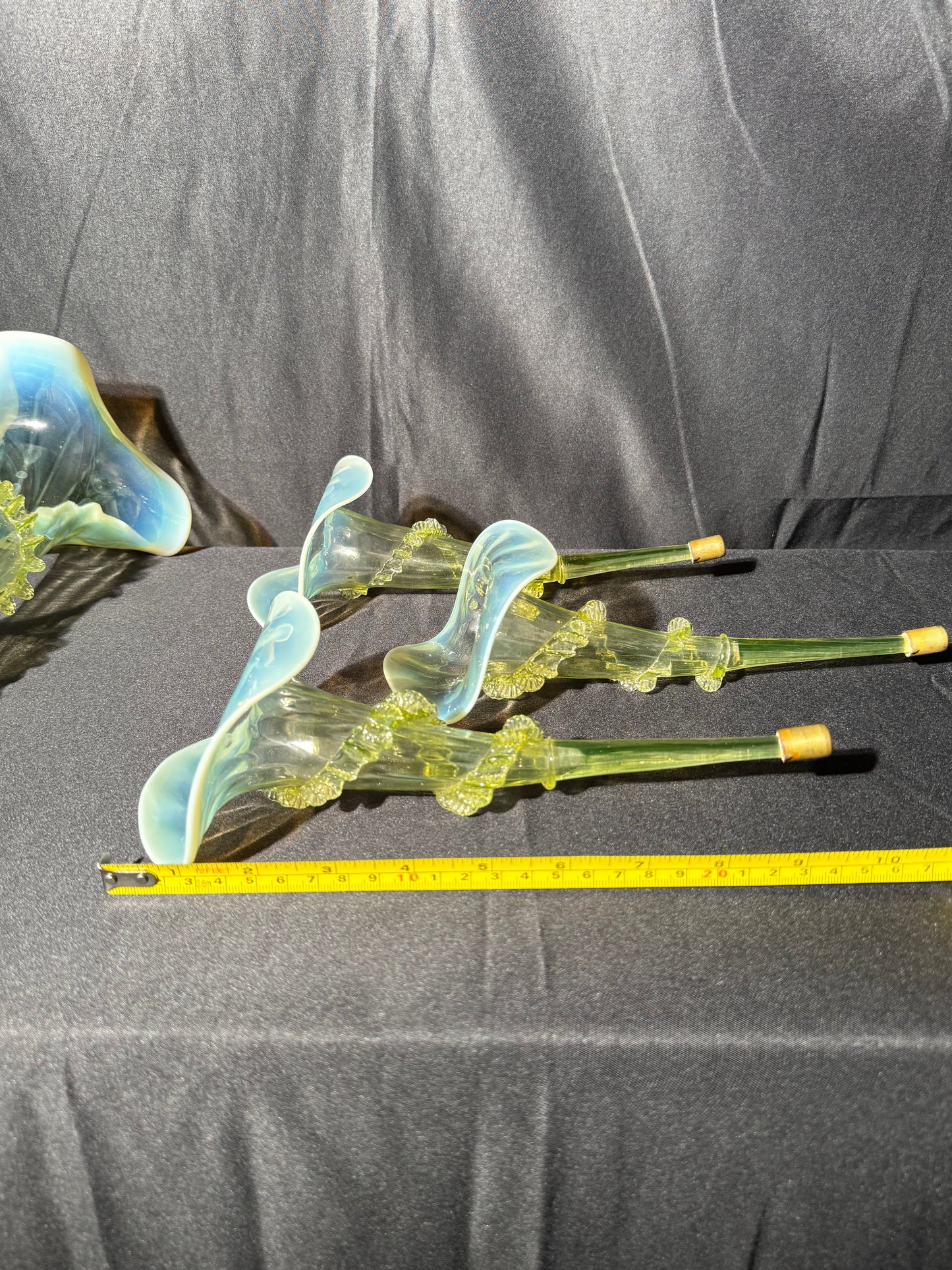 Uranium-Victorian Epergne Tulip horns - set of 4 - Vaseline opalescent