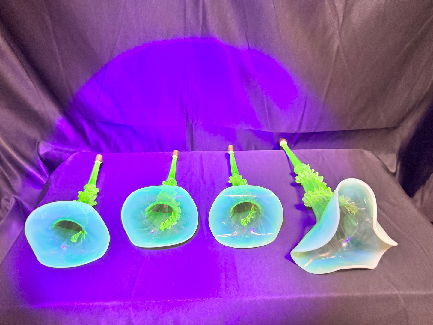 Uranium-Victorian Epergne Tulip horns - set of 4 - Vaseline opalescent