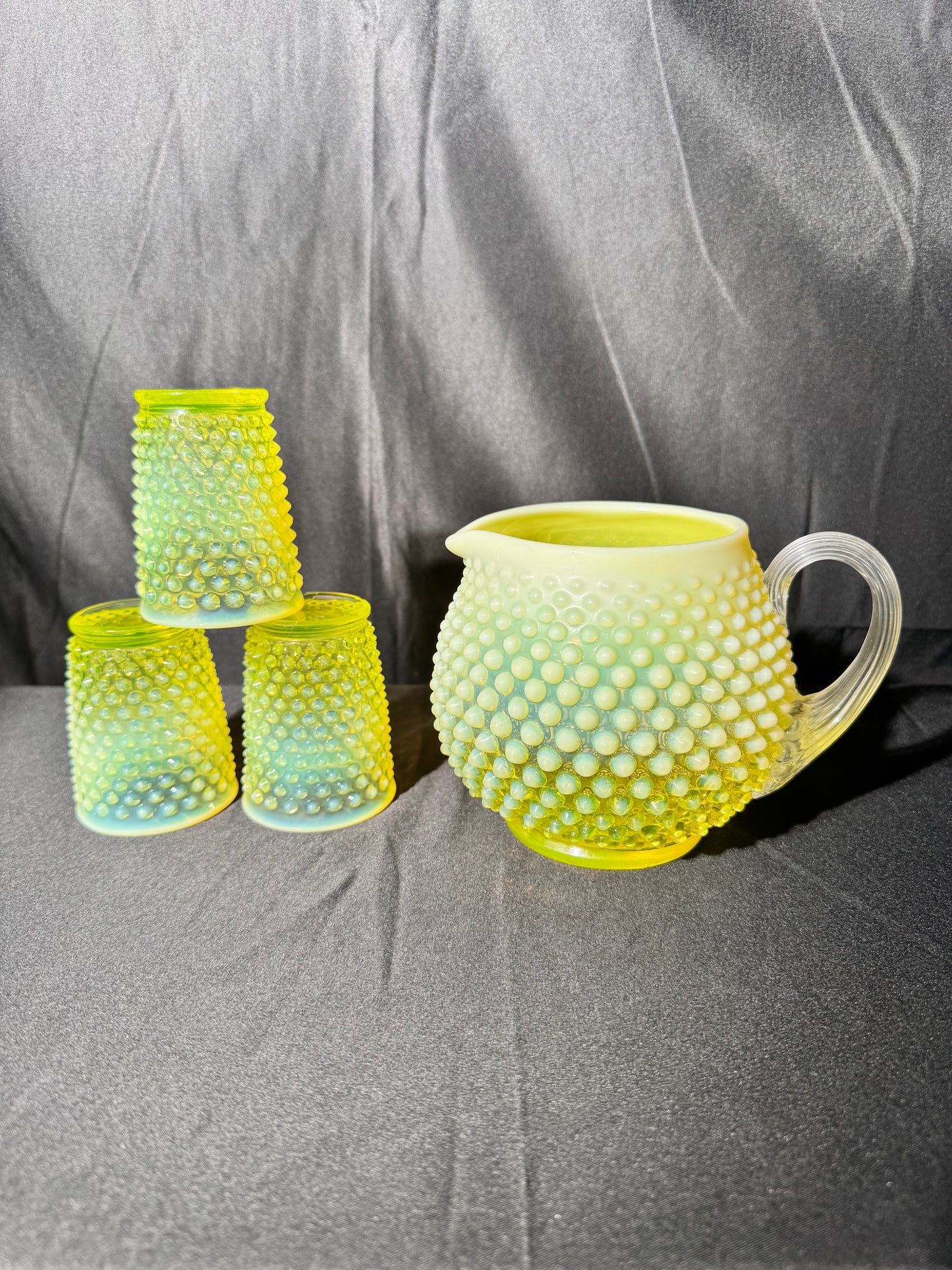 Uranium- Fenton- Hobnail- Pitcher and 3 Cups - Topaz Opalescent - 4 piece set