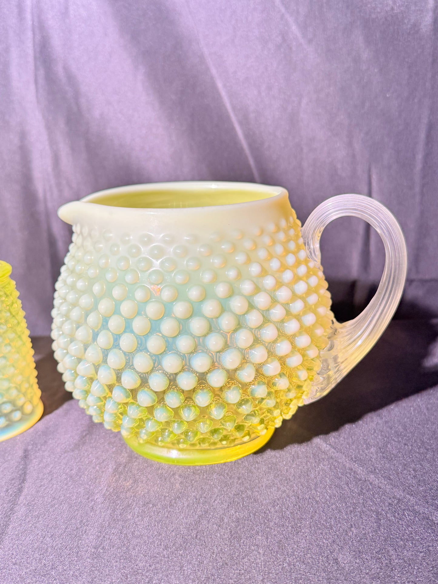 Uranium- Fenton- Hobnail- Pitcher and 3 Cups - Topaz Opalescent - 4 piece set