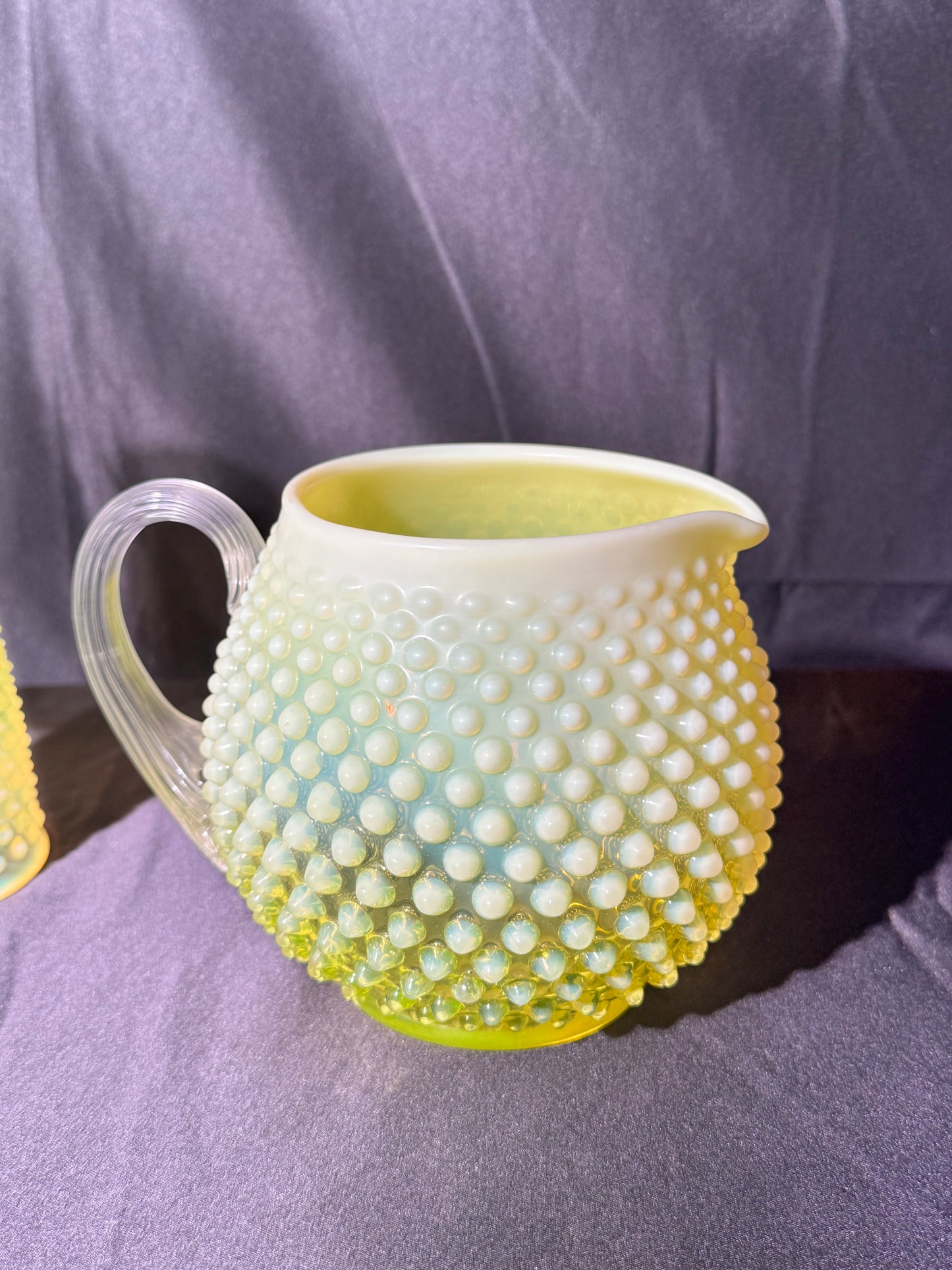 Uranium- Fenton- Hobnail- Pitcher and 3 Cups - Topaz Opalescent - 4 piece set