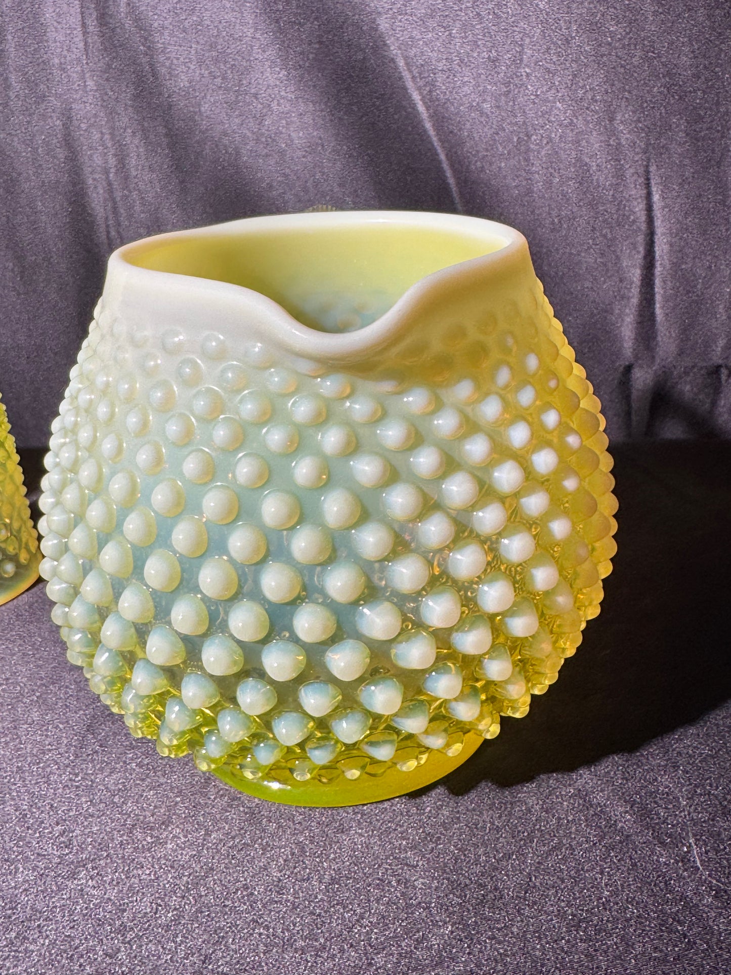 Uranium- Fenton- Hobnail- Pitcher and 3 Cups - Topaz Opalescent - 4 piece set