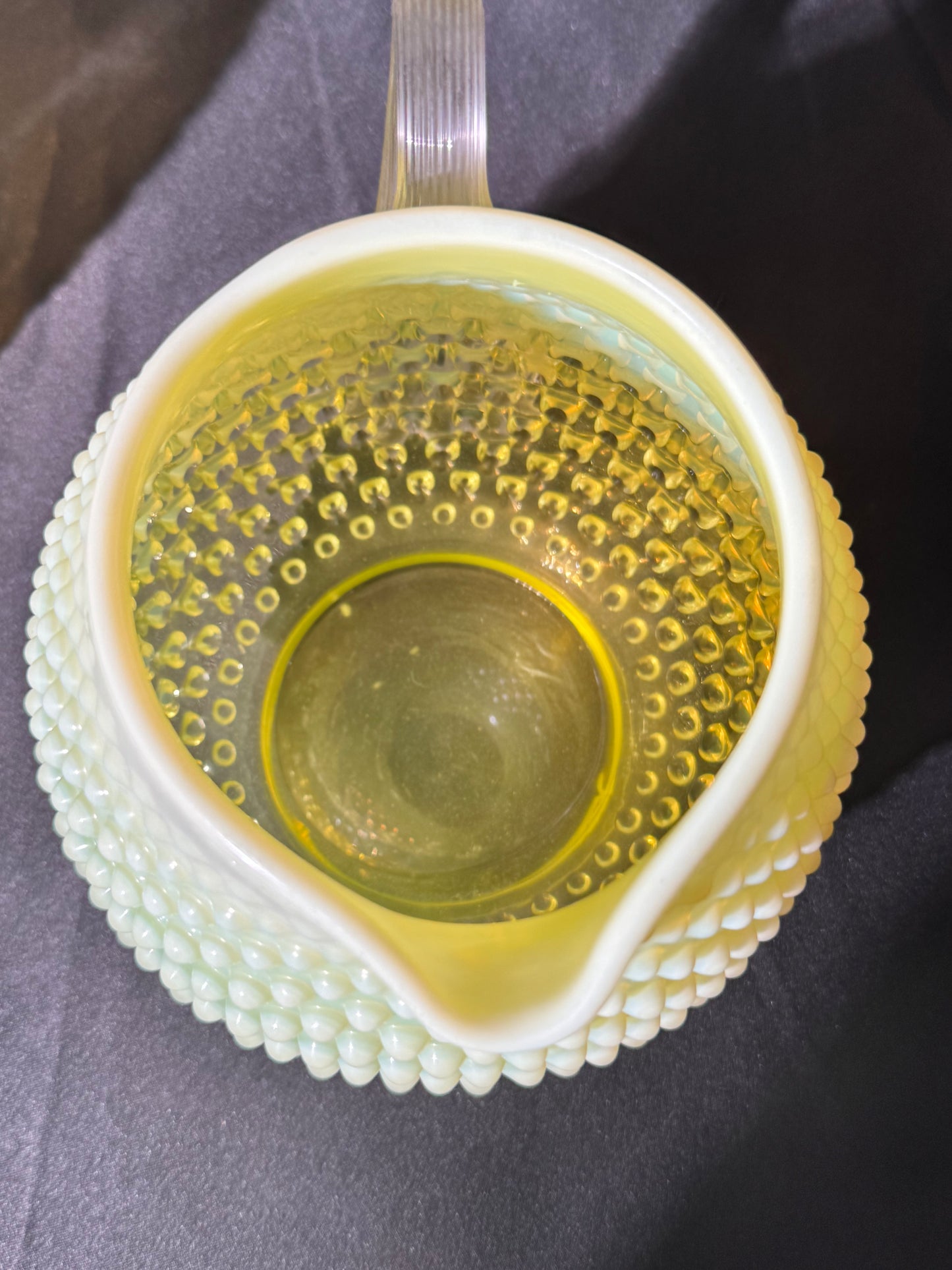 Uranium- Fenton- Hobnail- Pitcher and 3 Cups - Topaz Opalescent - 4 piece set