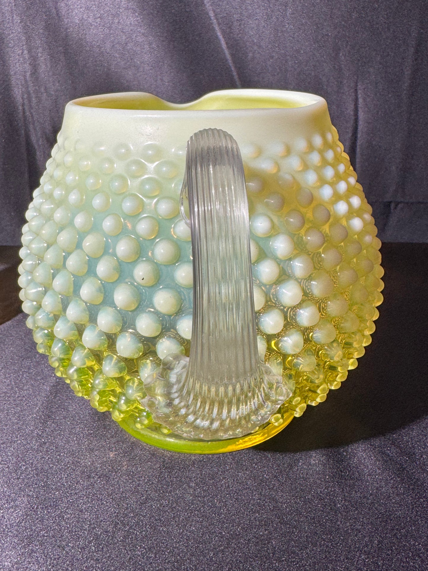Uranium- Fenton- Hobnail- Pitcher and 3 Cups - Topaz Opalescent - 4 piece set