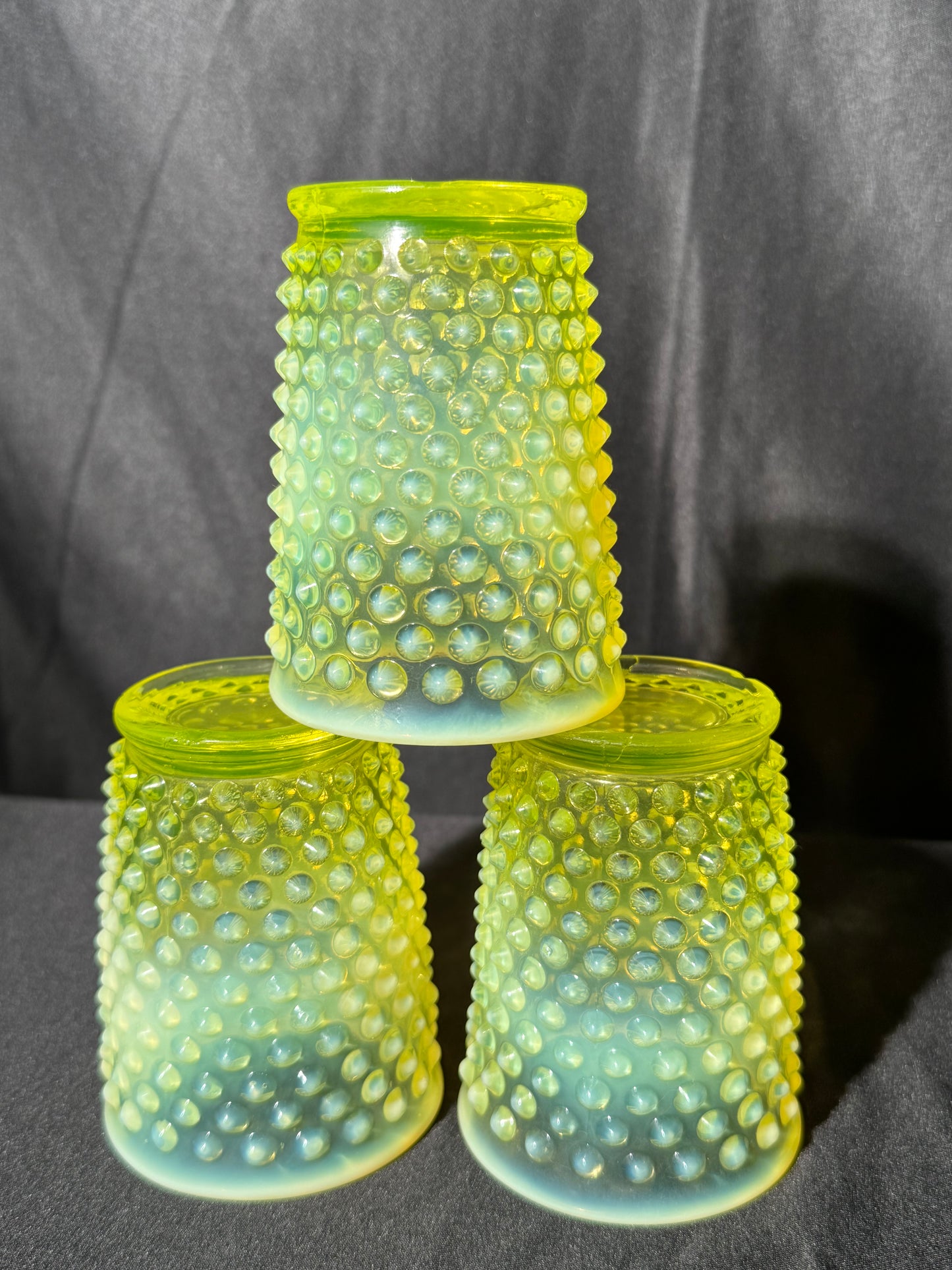 Uranium- Fenton- Hobnail- Pitcher and 3 Cups - Topaz Opalescent - 4 piece set