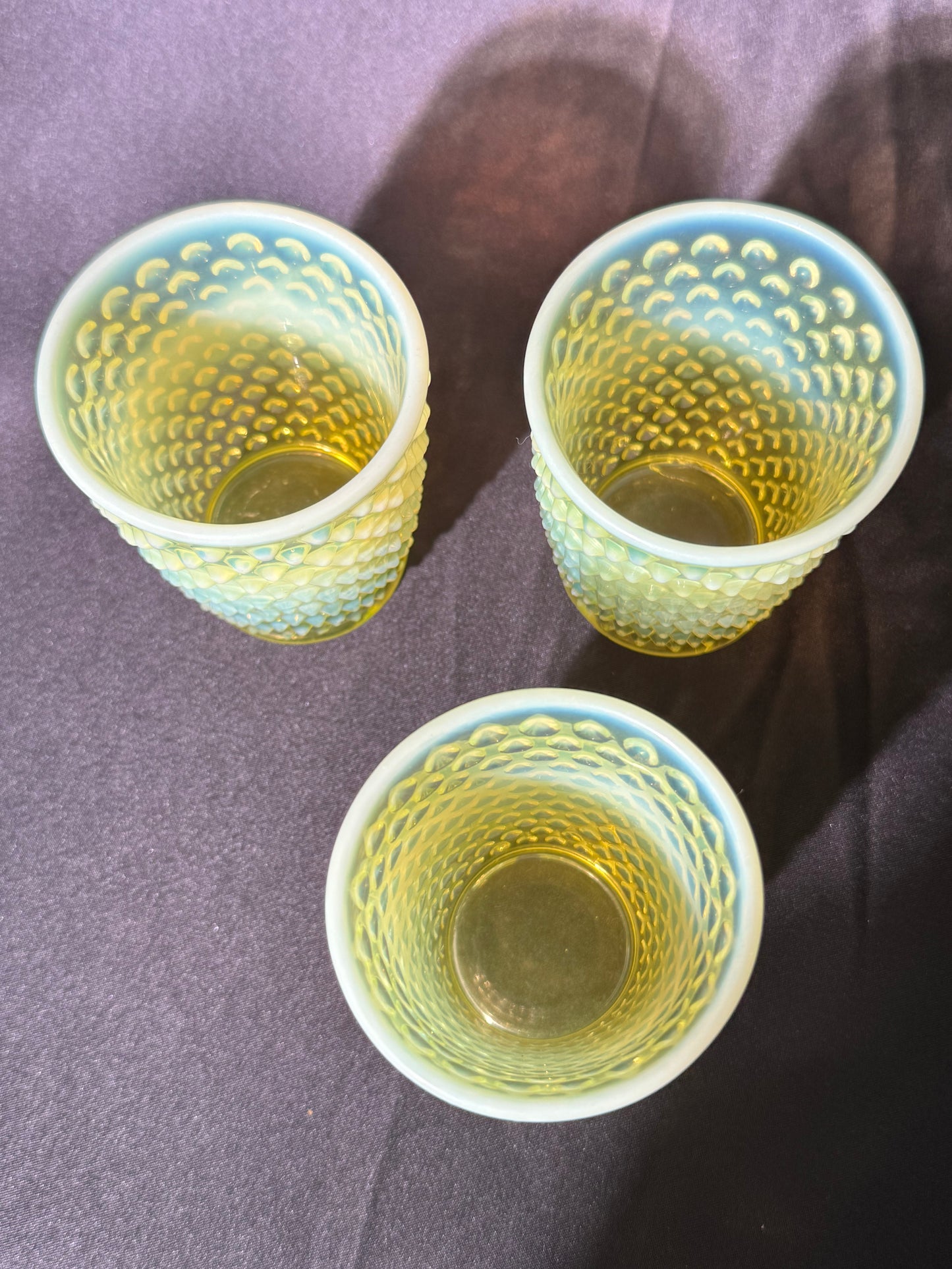 Uranium- Fenton- Hobnail- Pitcher and 3 Cups - Topaz Opalescent - 4 piece set