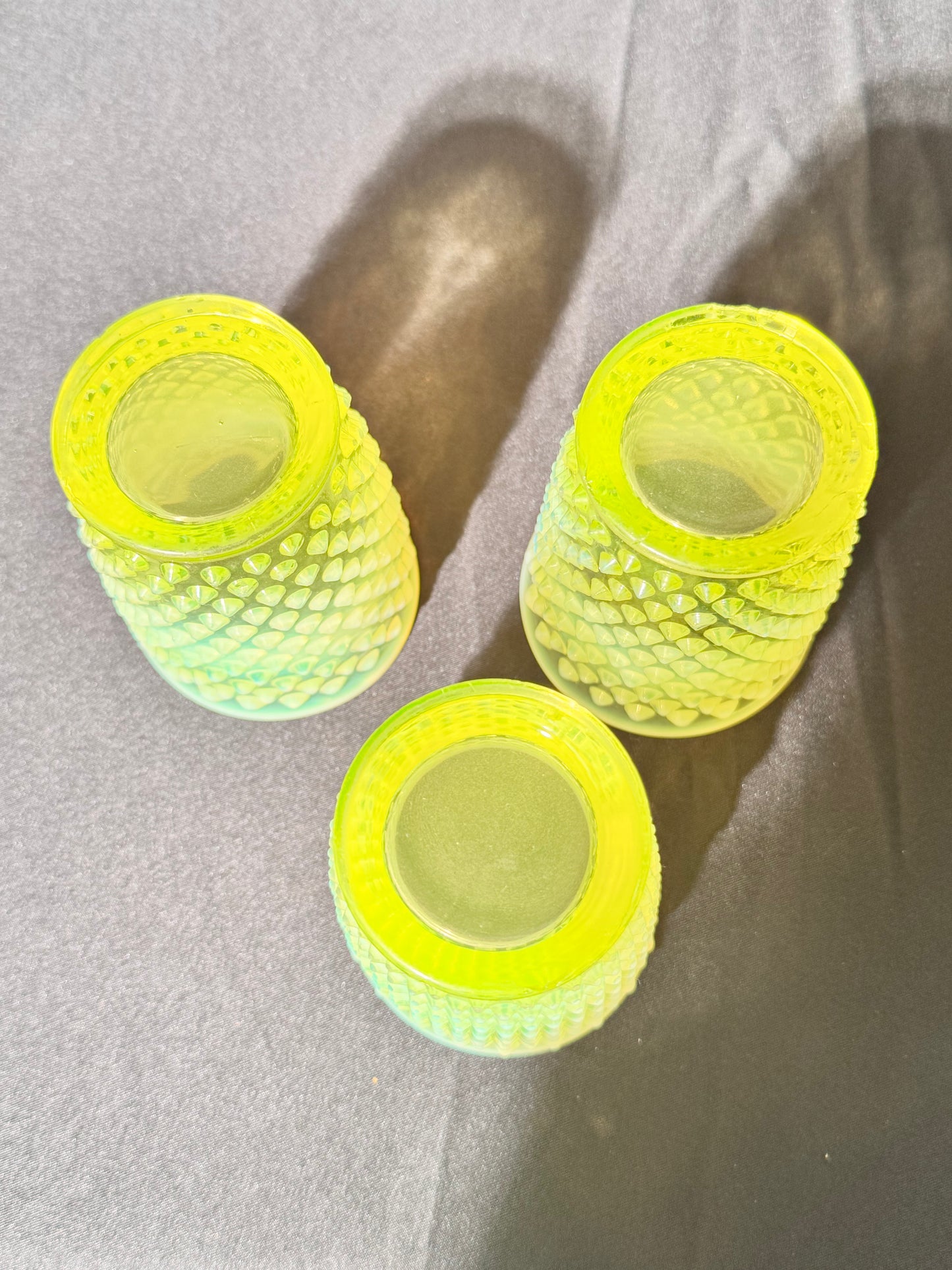 Uranium- Fenton- Hobnail- Pitcher and 3 Cups - Topaz Opalescent - 4 piece set