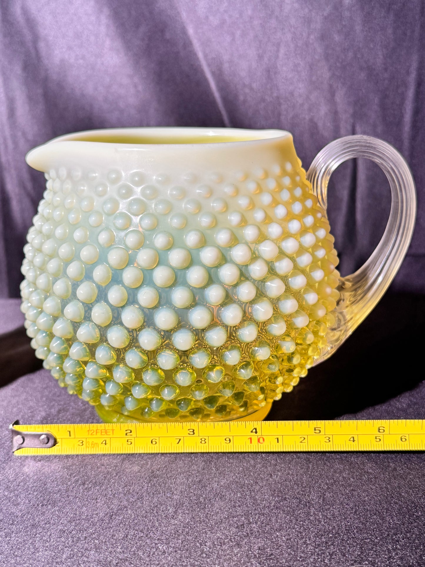 Uranium- Fenton- Hobnail- Pitcher and 3 Cups - Topaz Opalescent - 4 piece set