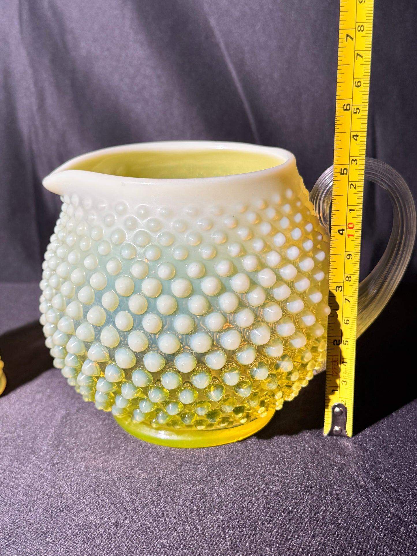 Uranium- Fenton- Hobnail- Pitcher and 3 Cups - Topaz Opalescent - 4 piece set