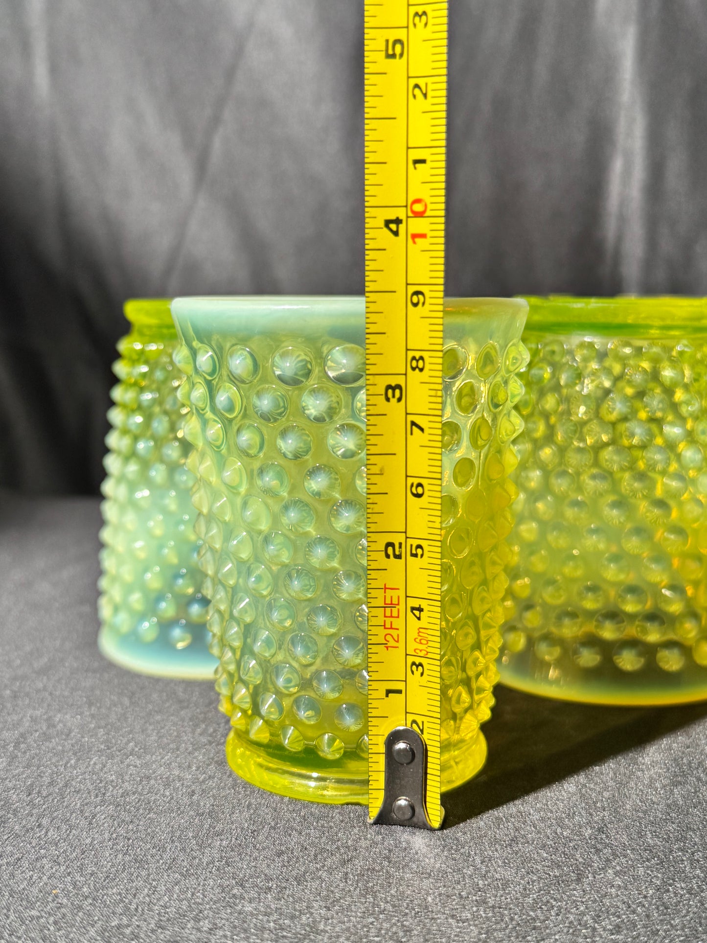 Uranium- Fenton- Hobnail- Pitcher and 3 Cups - Topaz Opalescent - 4 piece set