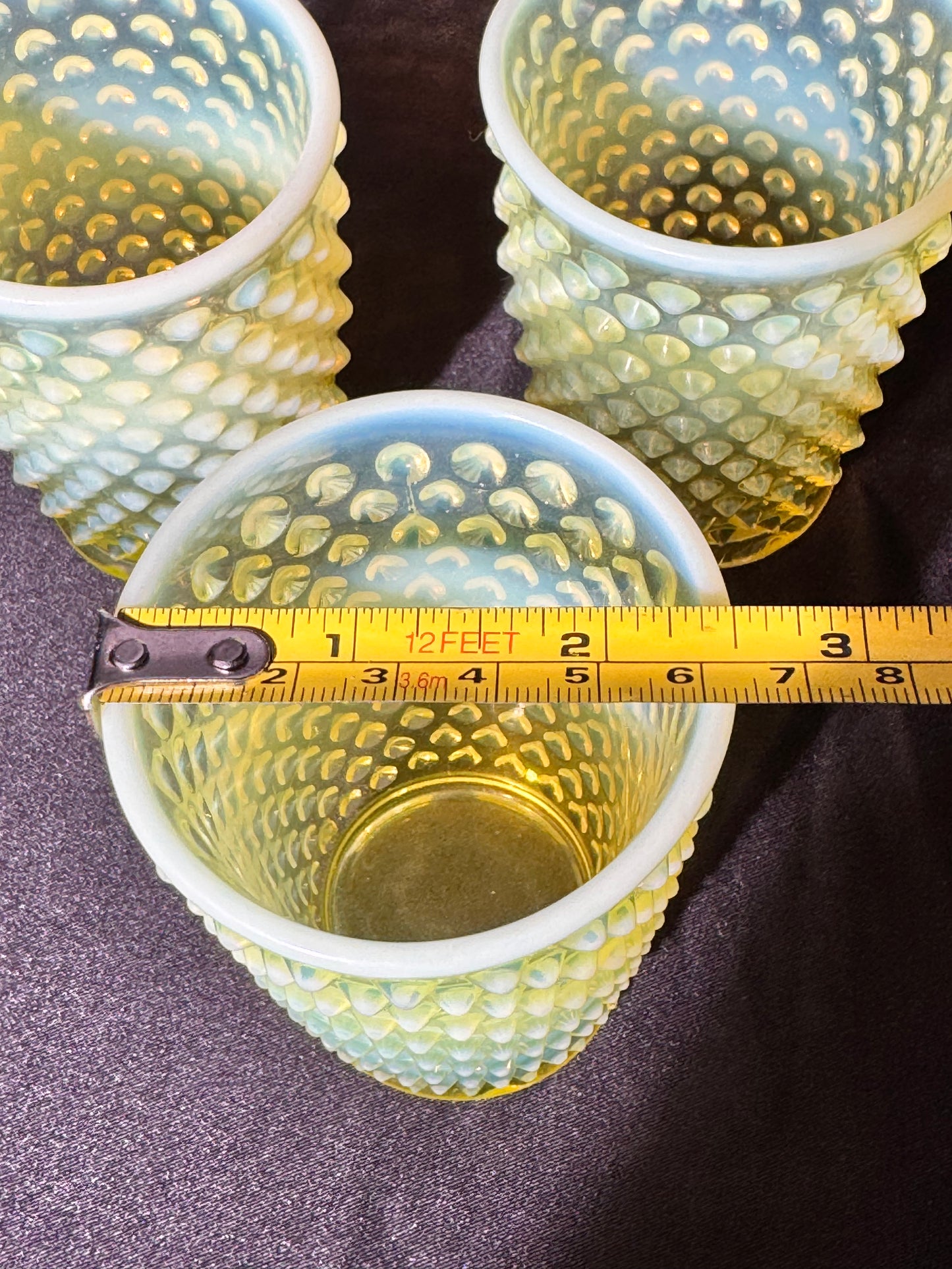 Uranium- Fenton- Hobnail- Pitcher and 3 Cups - Topaz Opalescent - 4 piece set