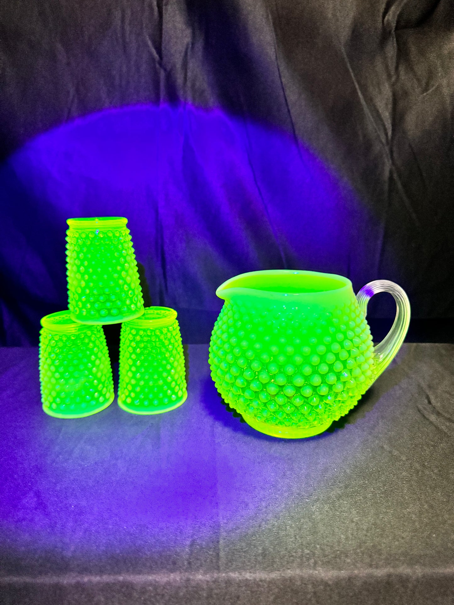 Uranium- Fenton- Hobnail- Pitcher and 3 Cups - Topaz Opalescent - 4 piece set