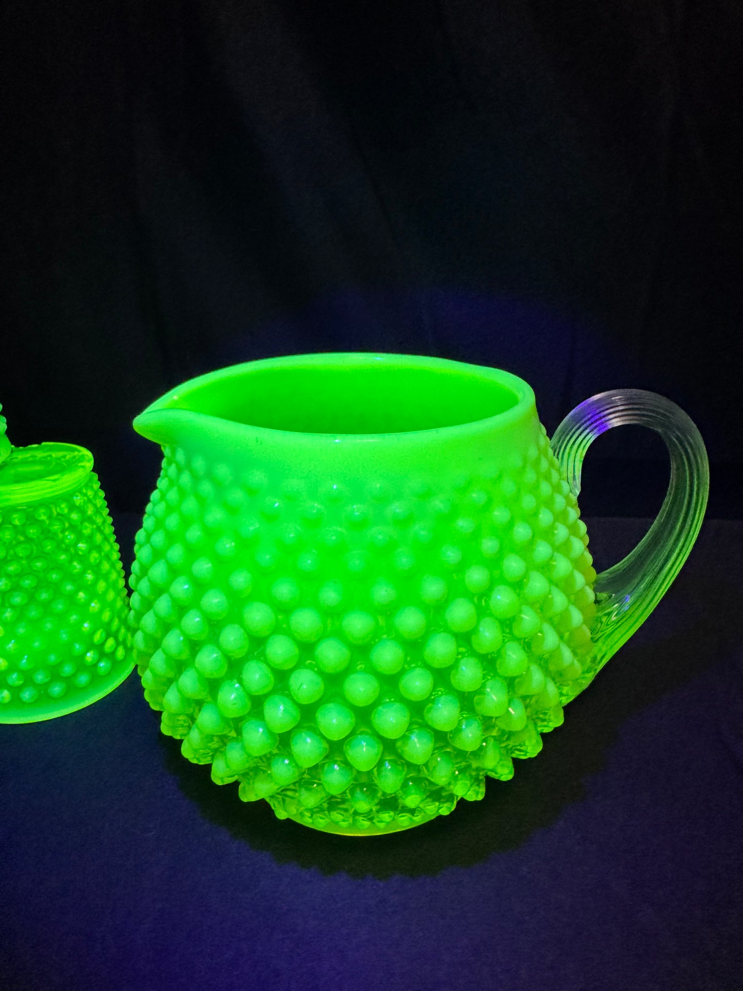 Uranium- Fenton- Hobnail- Pitcher and 3 Cups - Topaz Opalescent - 4 piece set