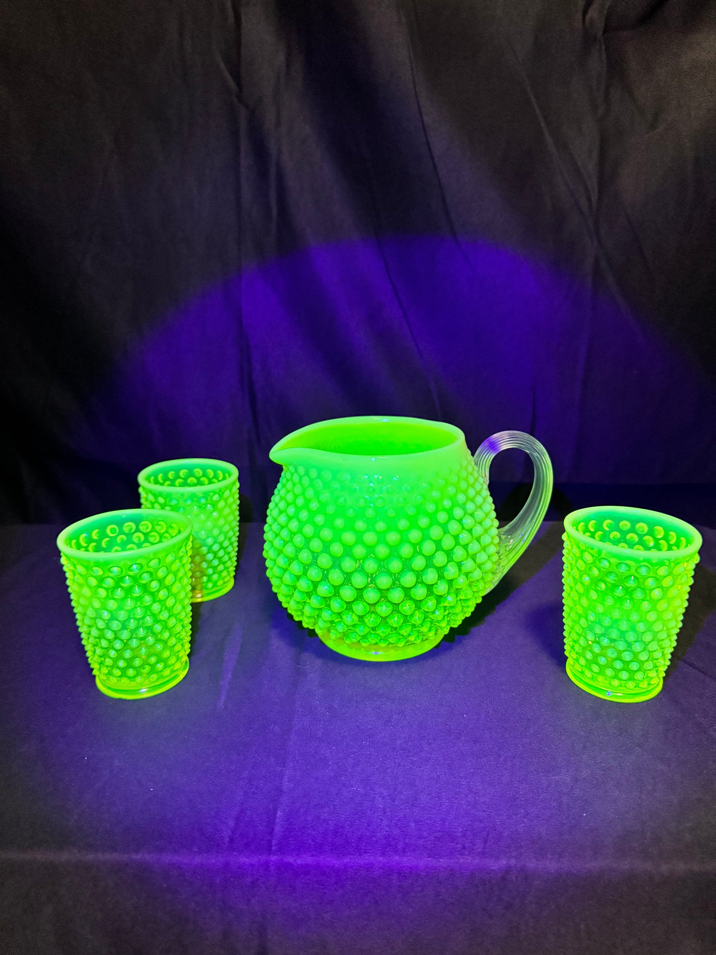 Uranium- Fenton- Hobnail- Pitcher and 3 Cups - Topaz Opalescent - 4 piece set