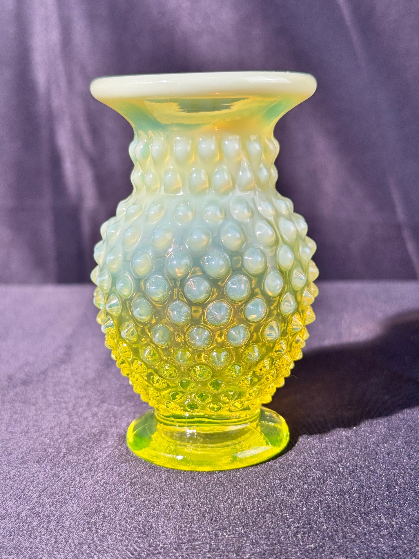 Uranium- Fenton- Hobnail- mini Flower Vase - Topaz Opalescent