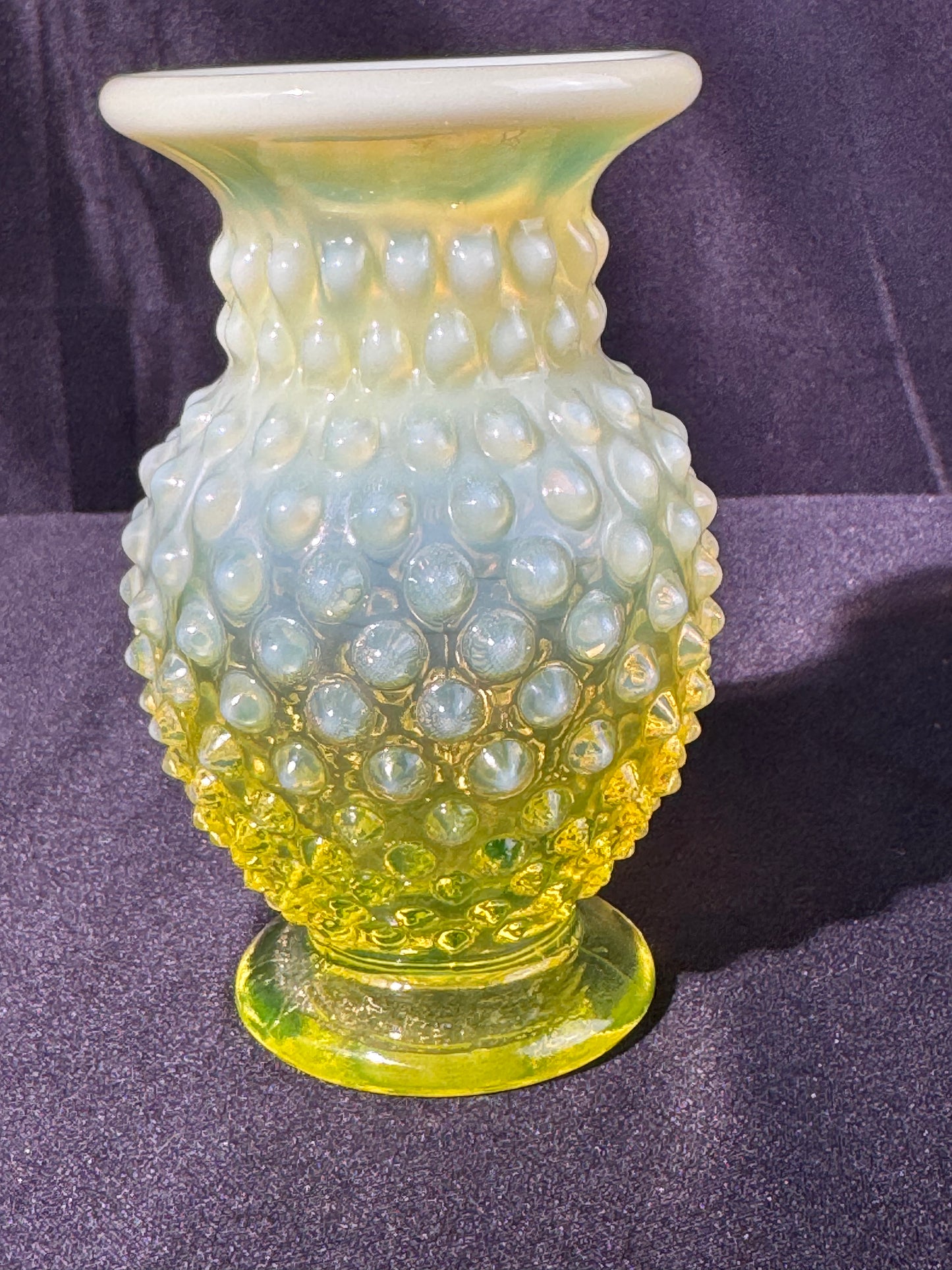 Uranium- Fenton- Hobnail- mini Flower Vase - Topaz Opalescent