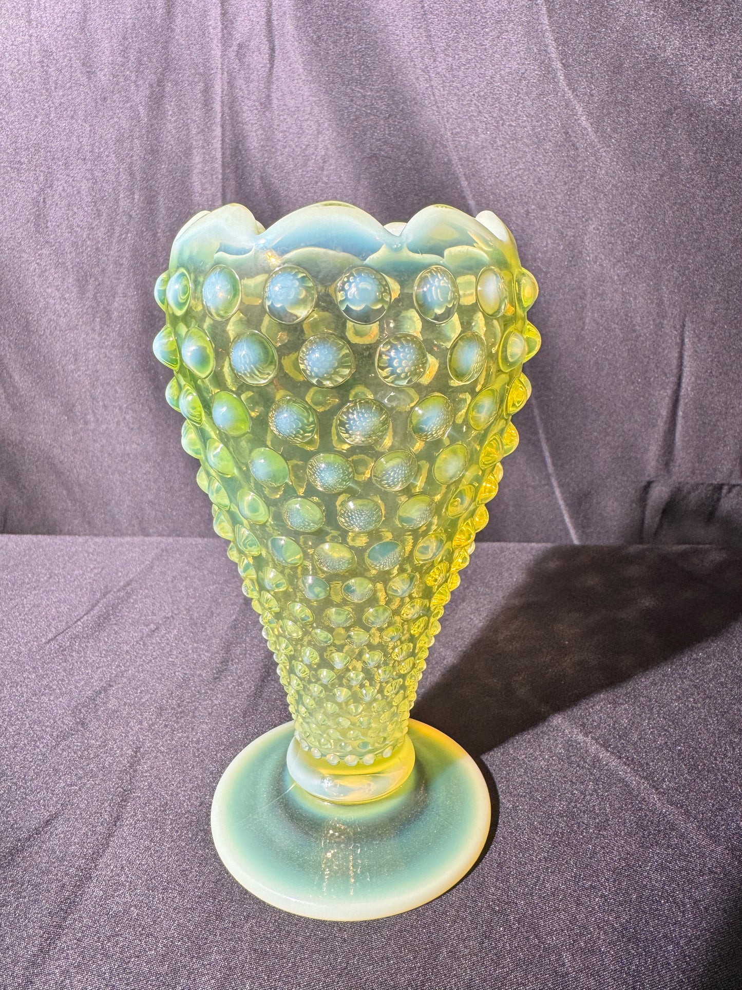 Uranium- Fenton- Hobnail- 6” Flower Vase - Topaz Opalescent