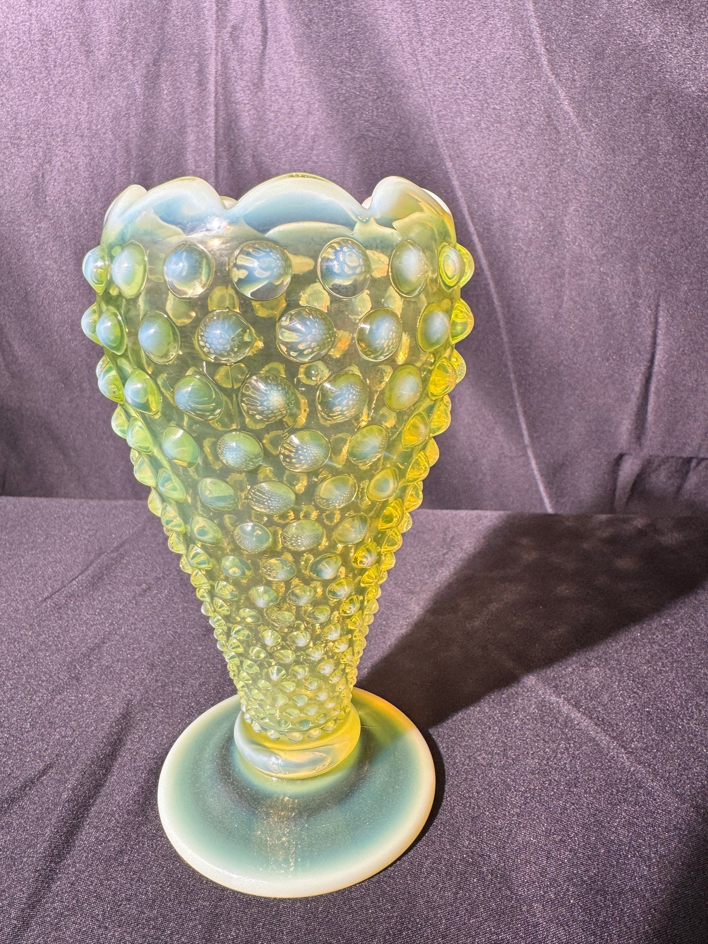 Uranium- Fenton- Hobnail- 6” Flower Vase - Topaz Opalescent