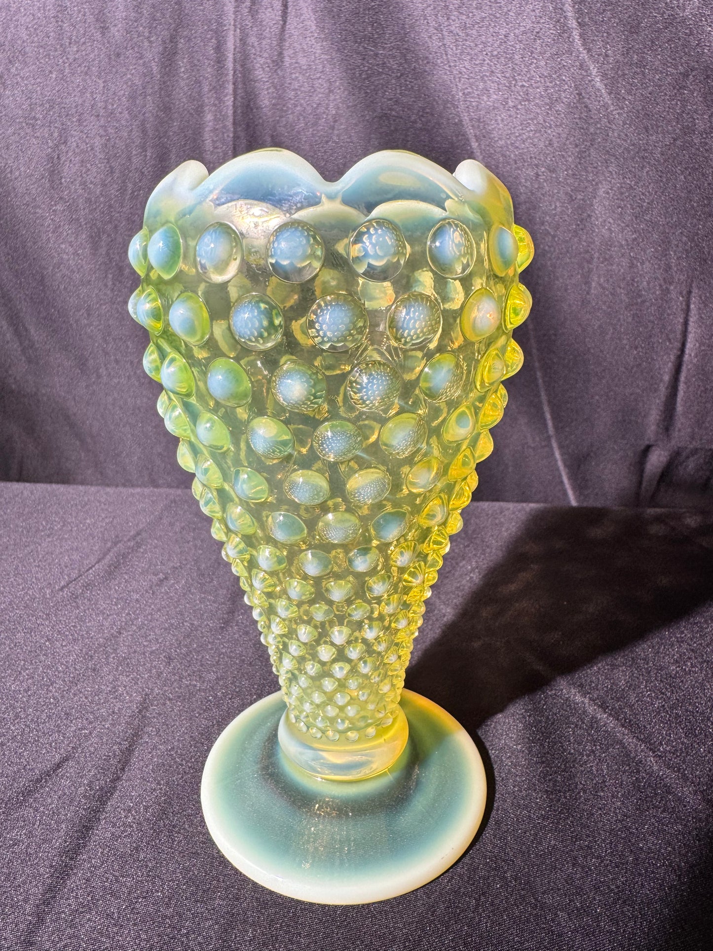 Uranium- Fenton- Hobnail- 6” Flower Vase - Topaz Opalescent