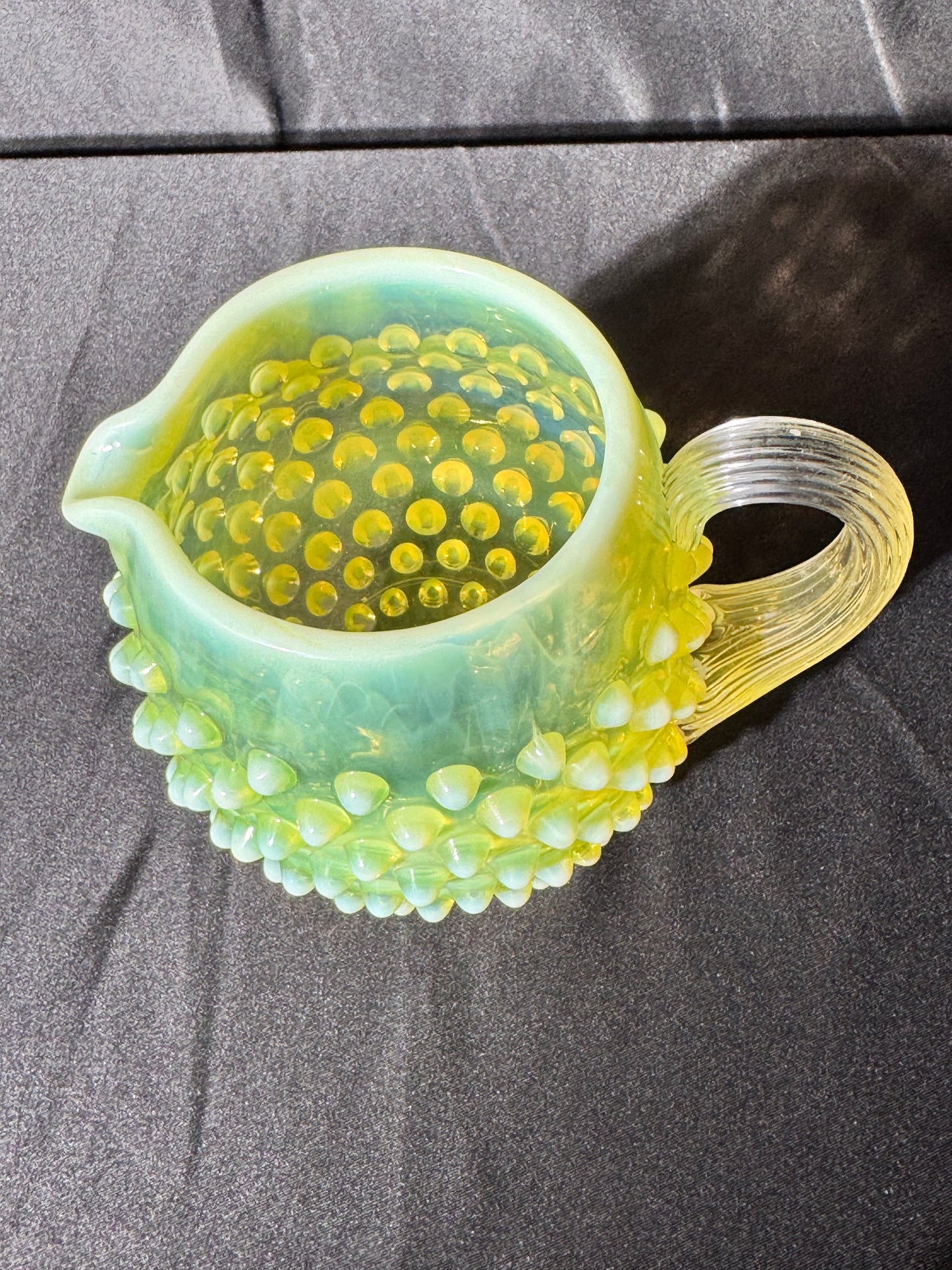 Uranium- Fenton- Hobnail- mini Pitcher - Topaz Opalescent