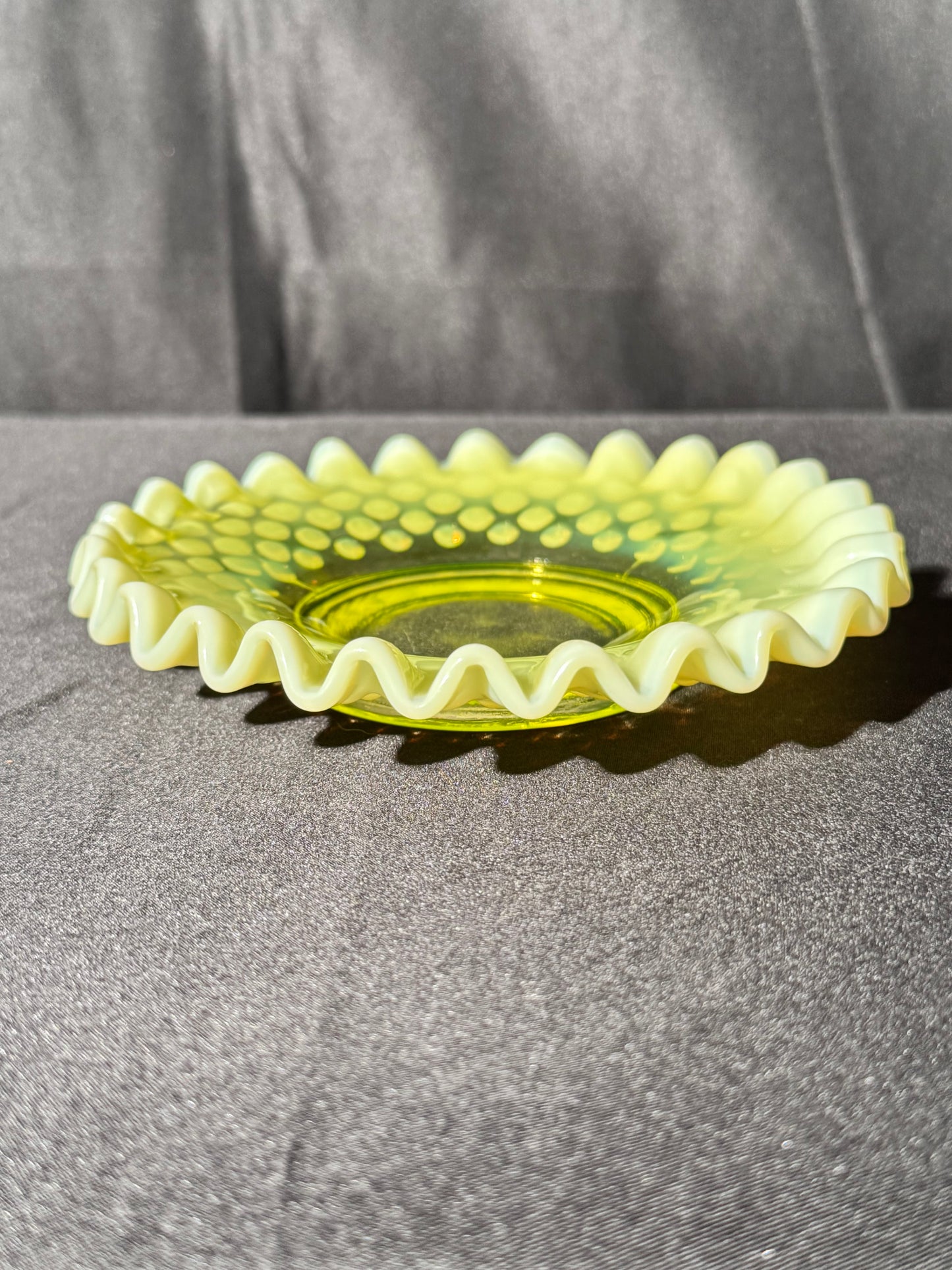 Uranium- Fenton -Hobnail- Ruffled Candy dish- Topaz Opalescent