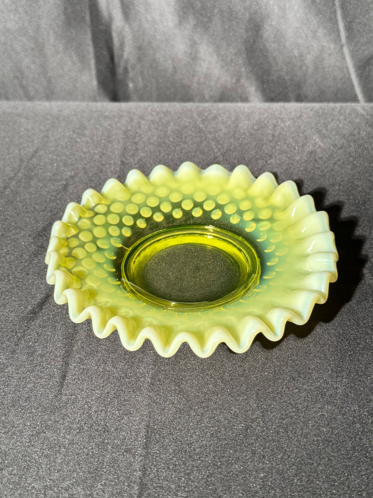 Uranium- Fenton -Hobnail- Ruffled Candy dish- Topaz Opalescent