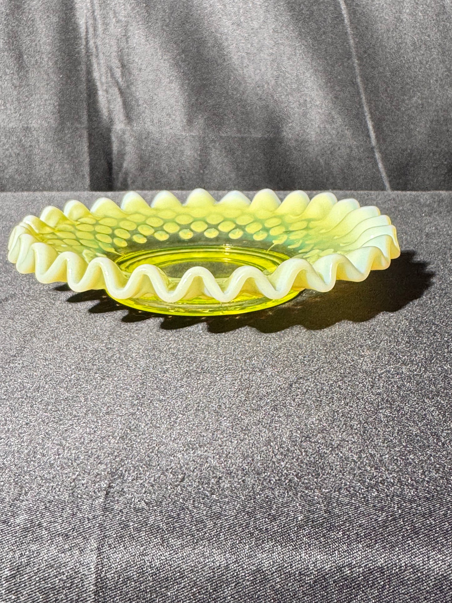 Uranium- Fenton -Hobnail- Ruffled Candy dish- Topaz Opalescent