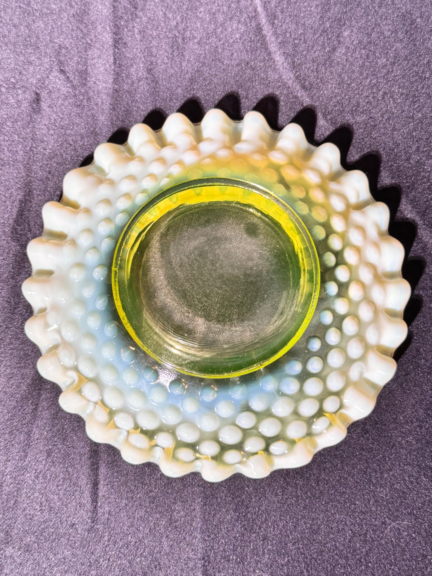 Uranium- Fenton -Hobnail- Ruffled Candy dish- Topaz Opalescent