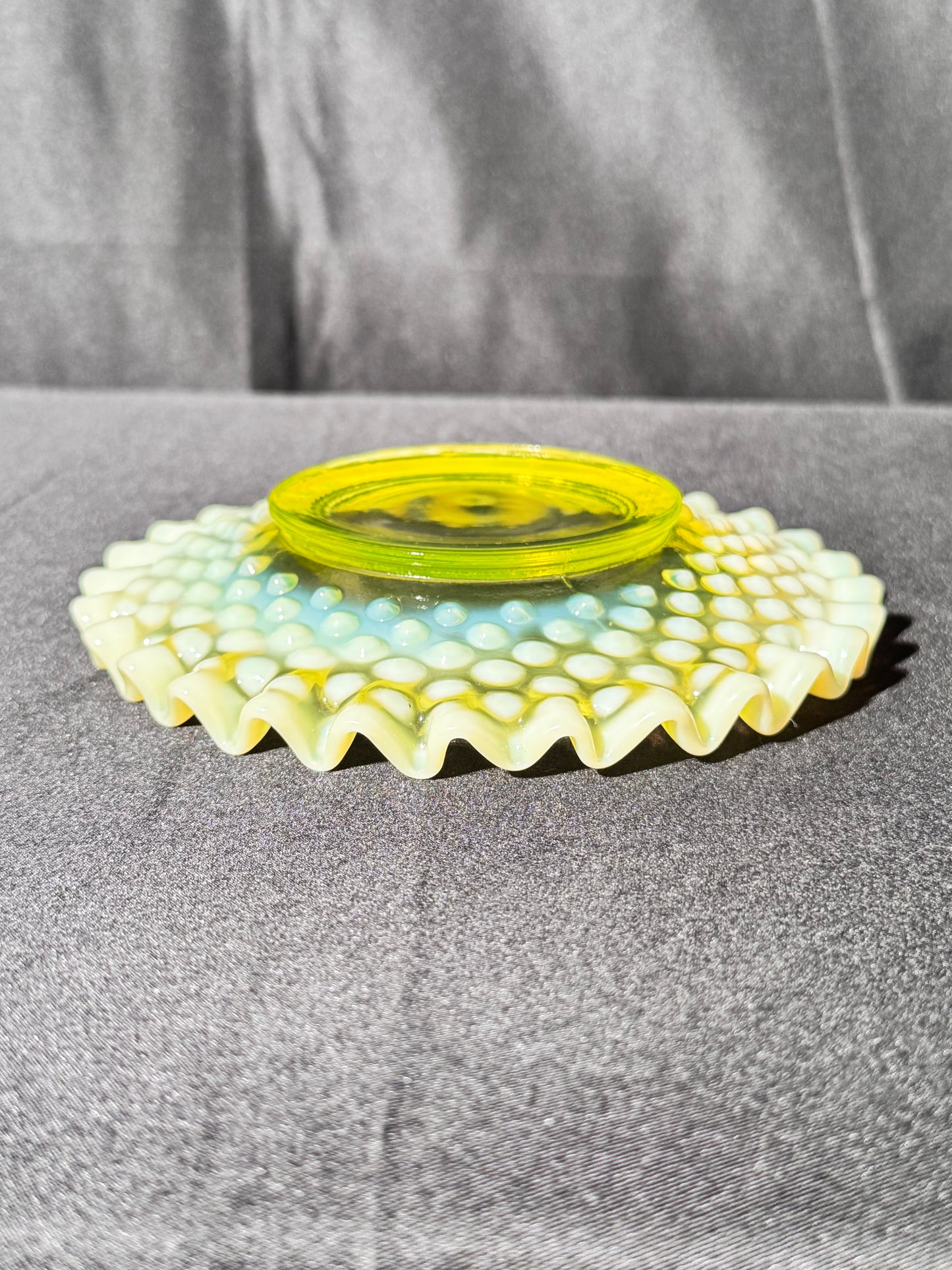 Uranium- Fenton -Hobnail- Ruffled Candy dish- Topaz Opalescent