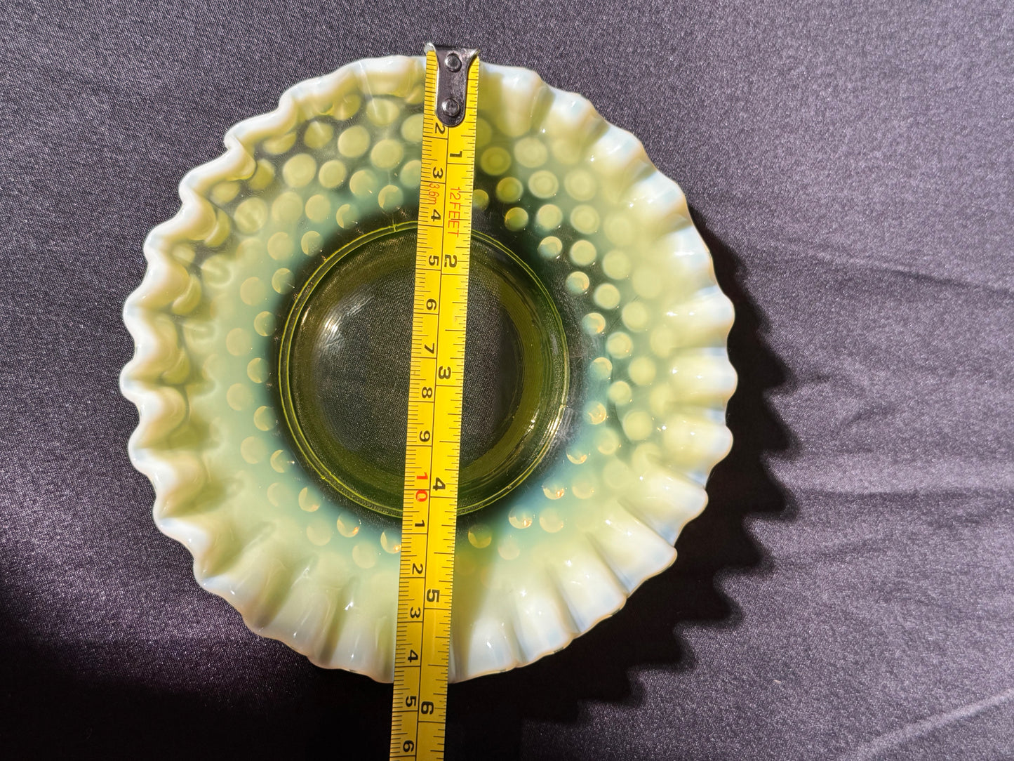 Uranium- Fenton -Hobnail- Ruffled Candy dish- Topaz Opalescent